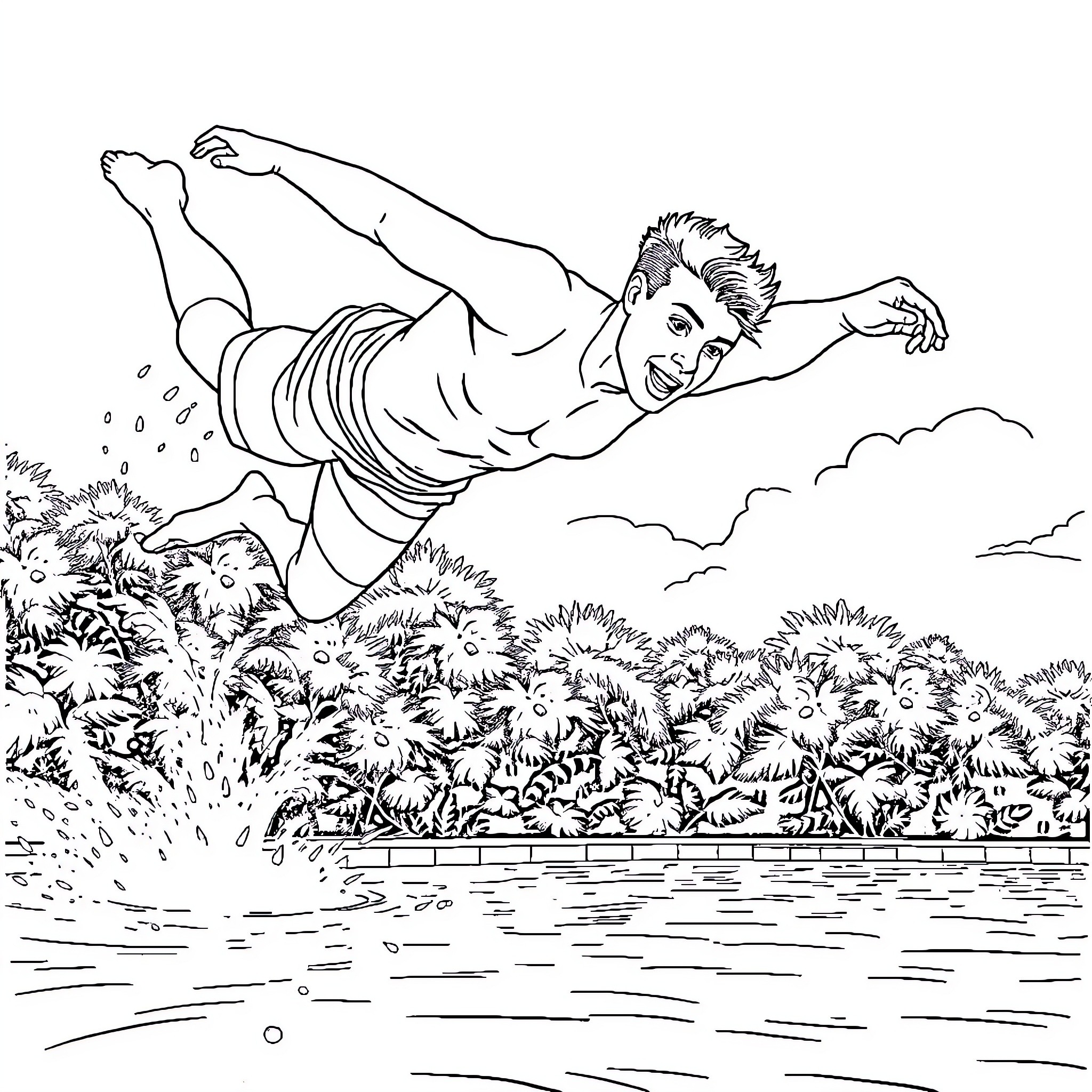 Man leaping over water in nature Coloring Page (free black-and-white line drawing printable PDF for all, from beginners to advanced learners, including children, teens, adults, and seniors)