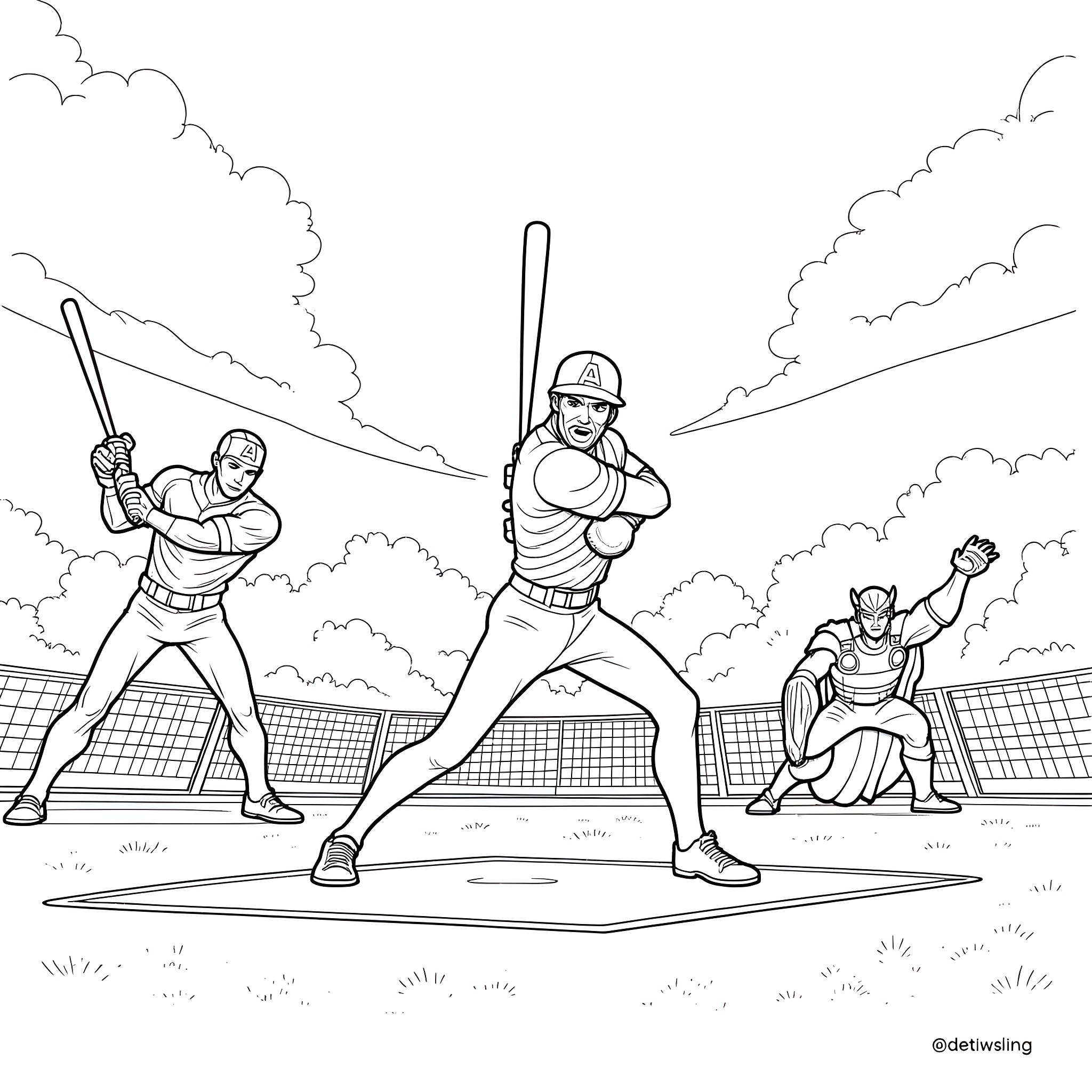 Avengers Assemble for a Heroic Baseball Game Coloring Page (free black-and-white line drawing printable PDF for all, from beginners to advanced learners, including children, teens, adults, and seniors)
