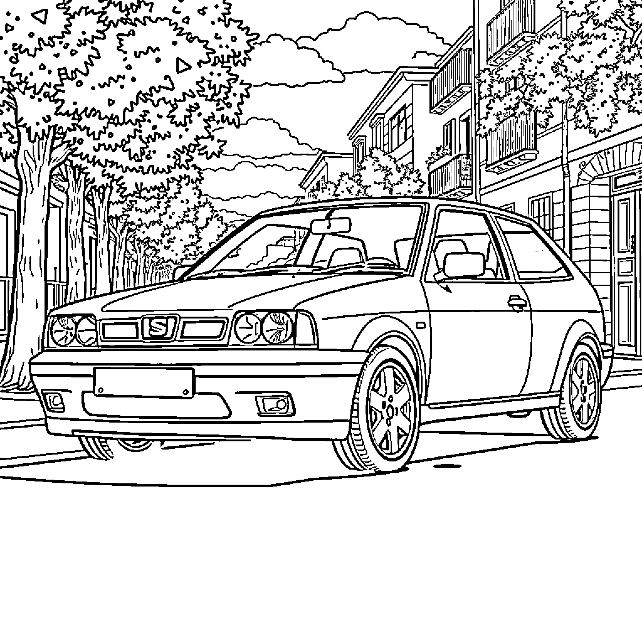 Seat Ibiza on a city street Coloring Page (free black-and-white line drawing printable PDF for all, from beginners to advanced learners, including children, teens, adults, and seniors)