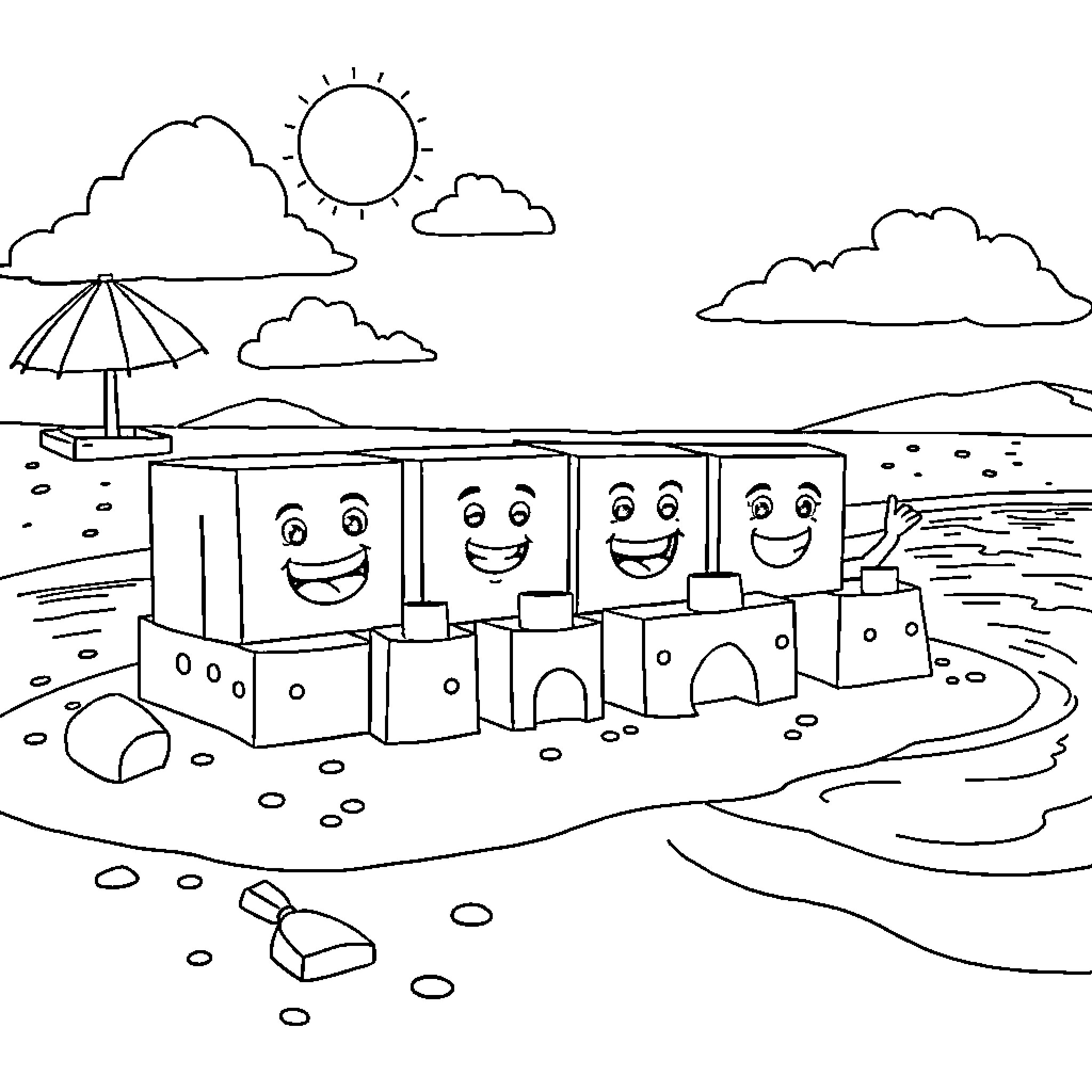 Numberblocks playing happily at the beach Coloring Page (free black-and-white line drawing printable PDF for all, from beginners to advanced learners, including children, teens, adults, and seniors)