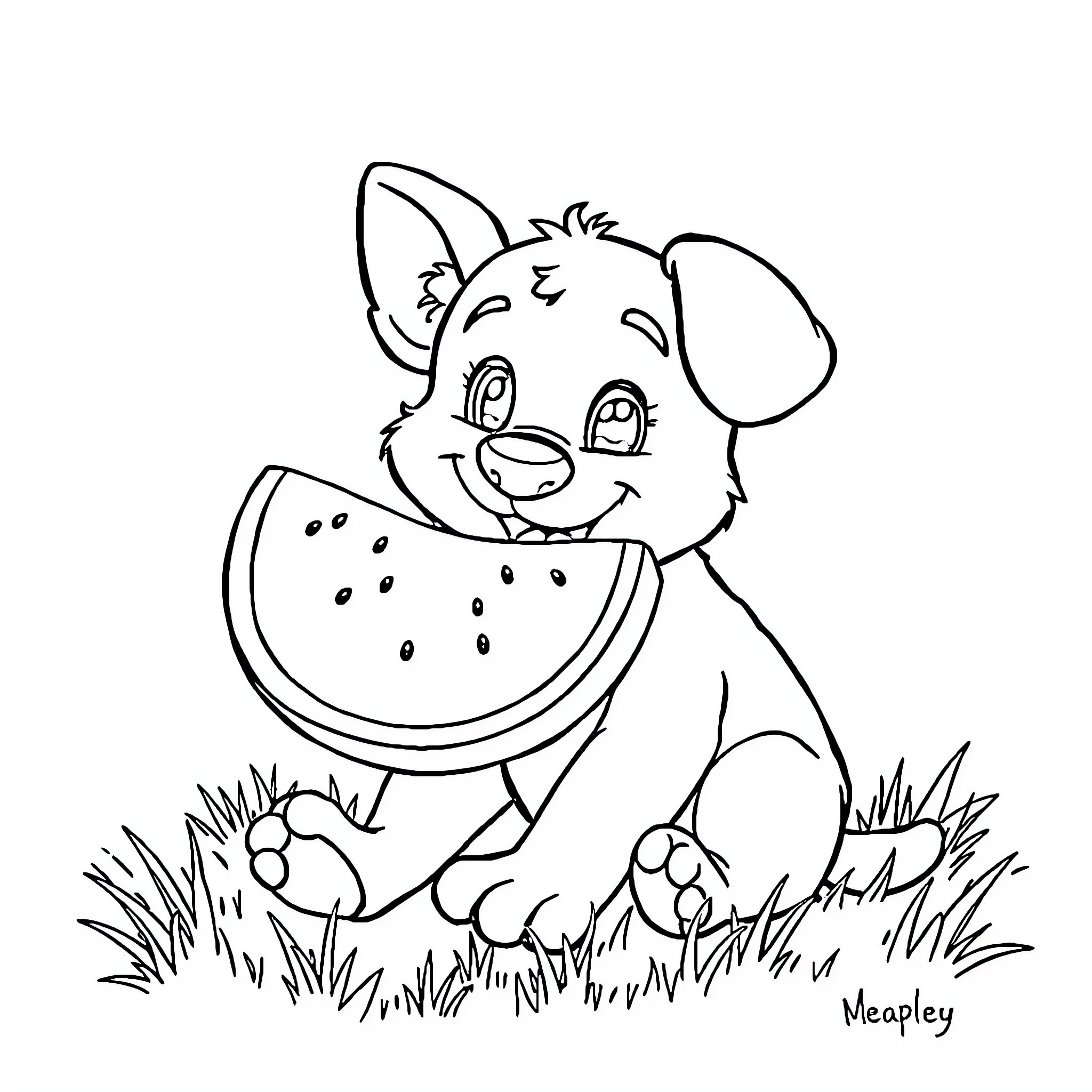 Bluey enjoying a juicy watermelon snack in the grass Coloring Page (free black-and-white line drawing printable PDF for all, from beginners to advanced learners, including children, teens, adults, and seniors)