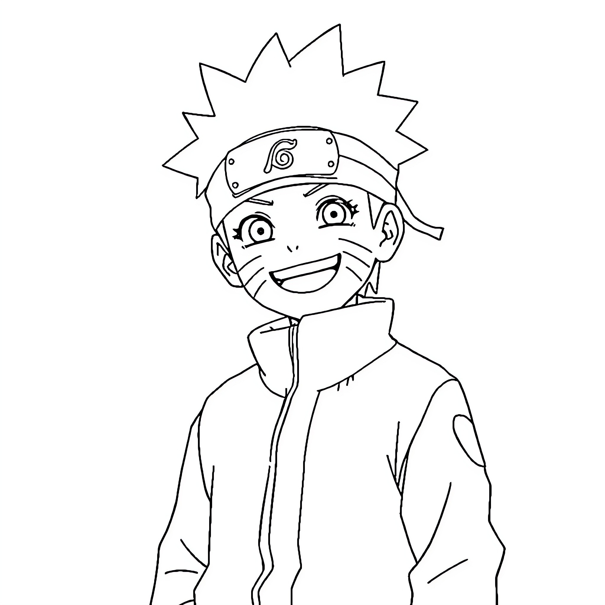 Naruto character smiling with ninja headband Coloring Page (free black-and-white line drawing printable PDF for all, from beginners to advanced learners, including children, teens, adults, and seniors)