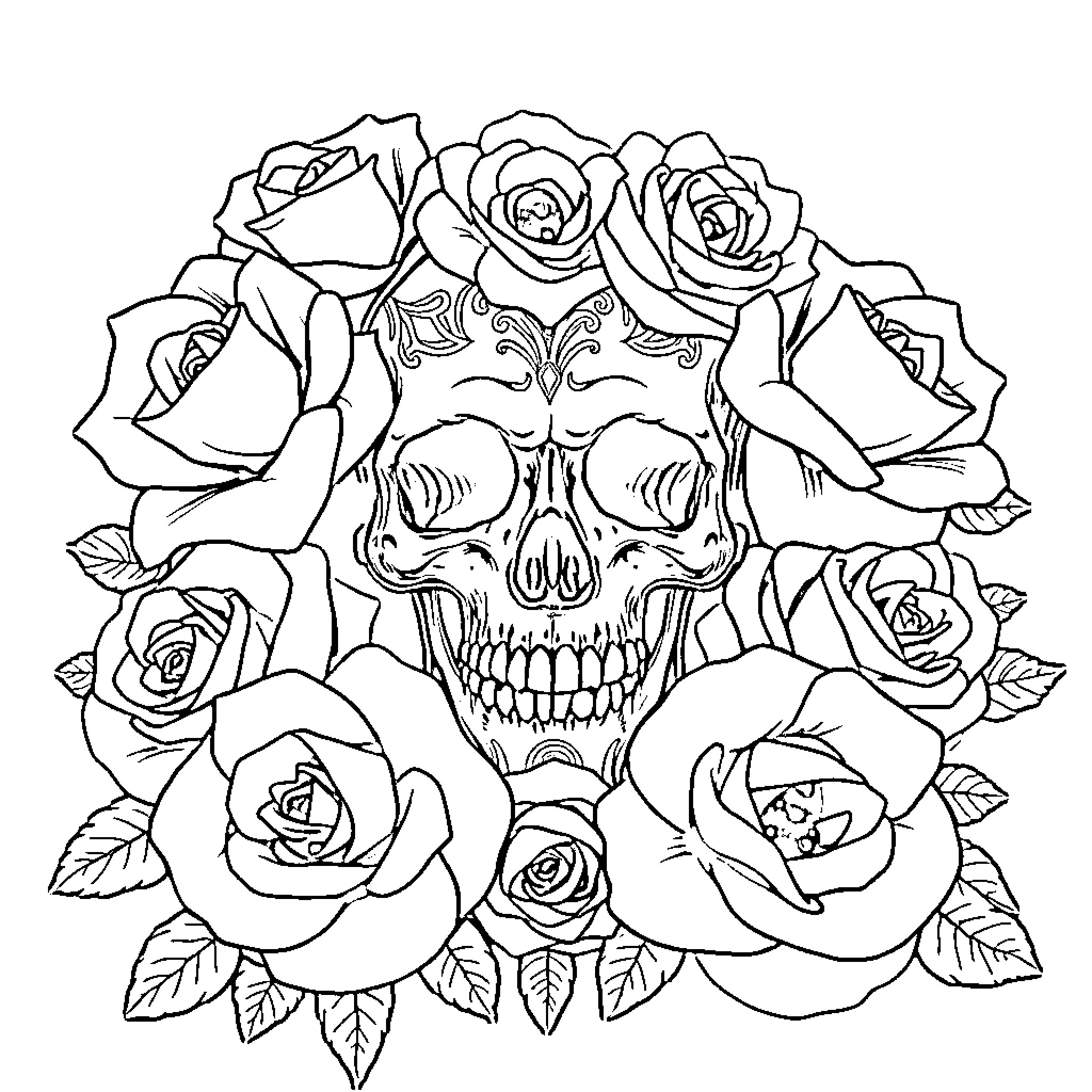 Skull surrounded by ornate roses Coloring Page (free black-and-white line drawing printable PDF for all, from beginners to advanced learners, including children, teens, adults, and seniors)