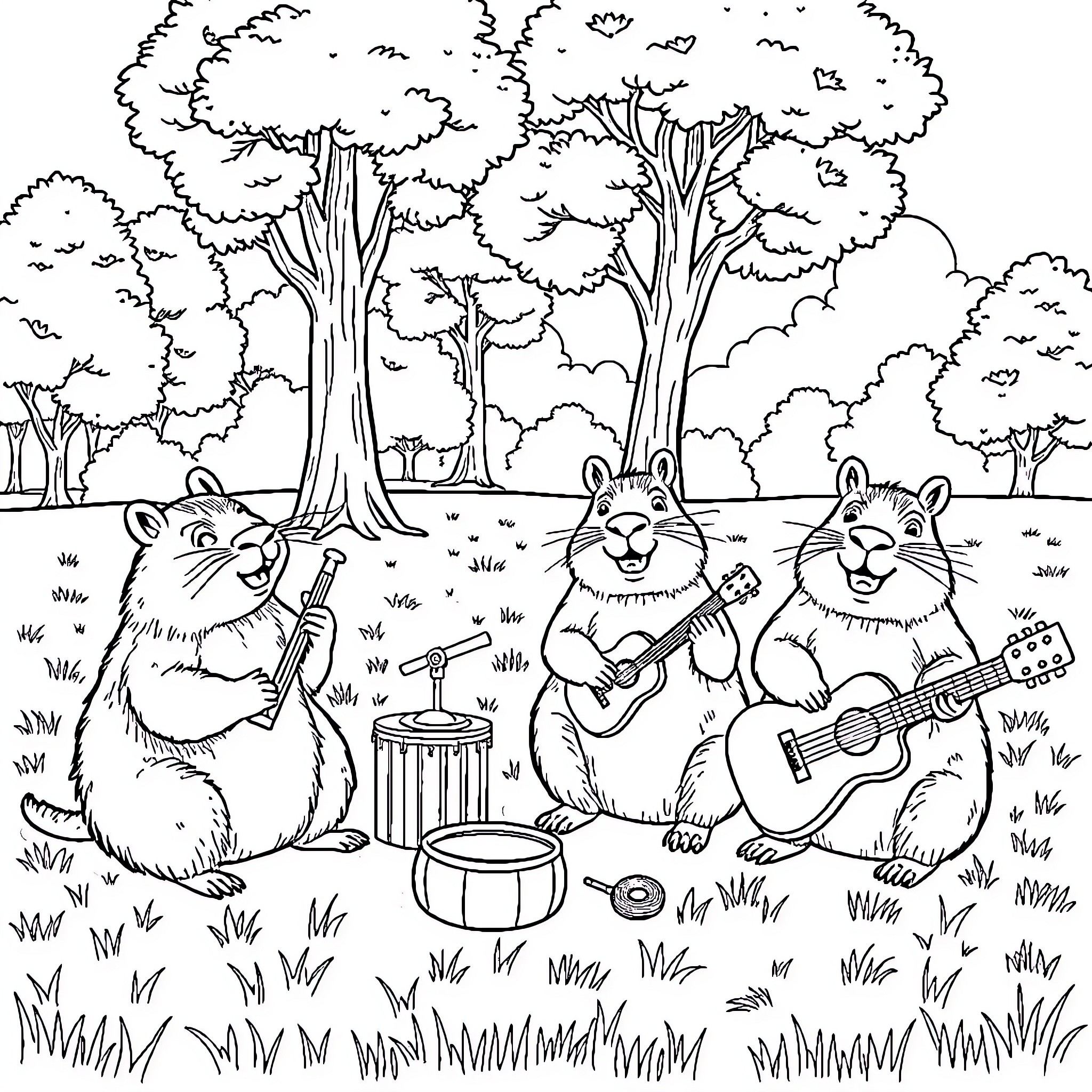 Capybara Musicians Perform Outdoors in the Forest Coloring Page (free black-and-white line drawing printable PDF for all, from beginners to advanced learners, including children, teens, adults, and seniors)