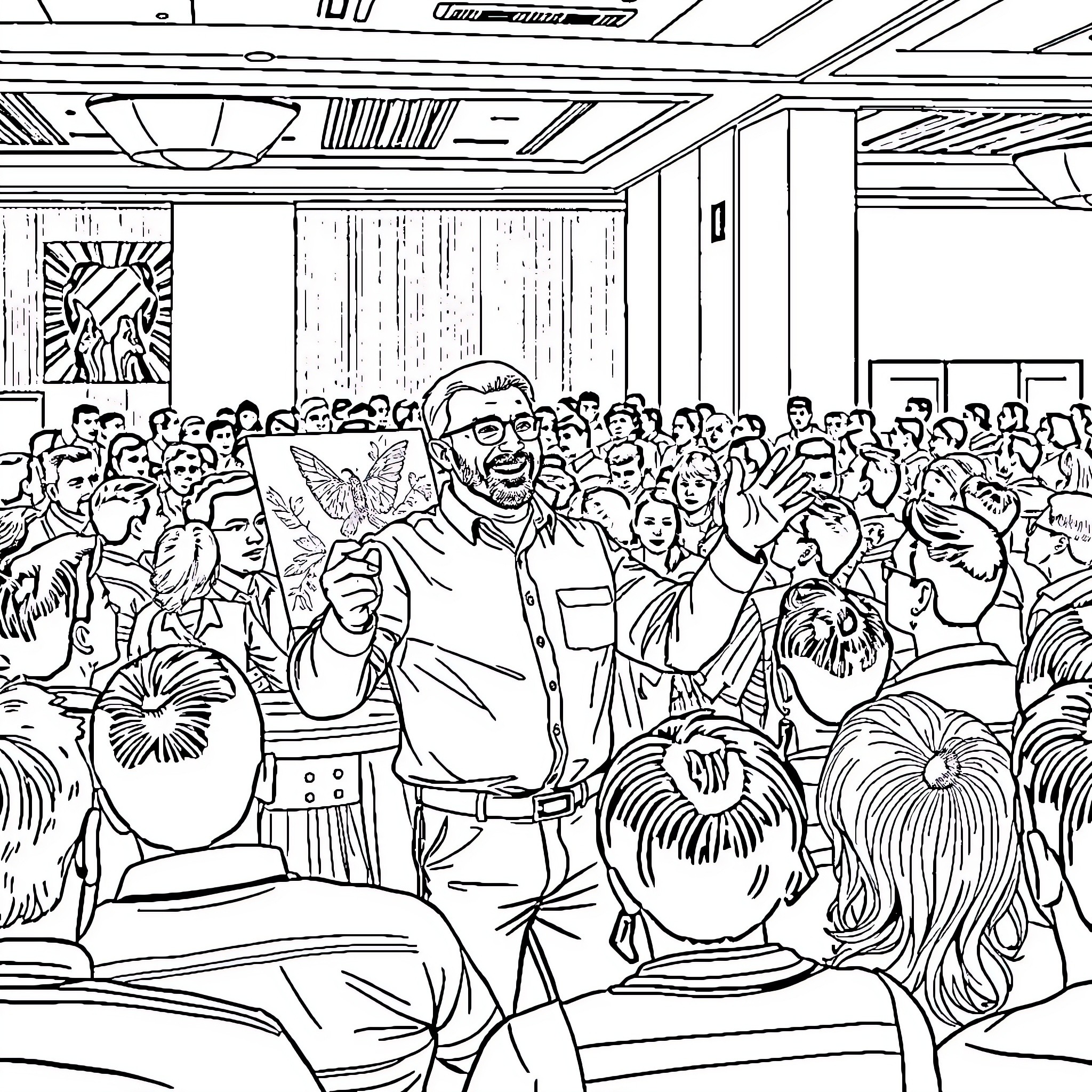 Eduard Speaking to Enthusiastic Crowd in Auditorium Coloring Page (free black-and-white line drawing printable PDF for all, from beginners to advanced learners, including children, teens, adults, and seniors)