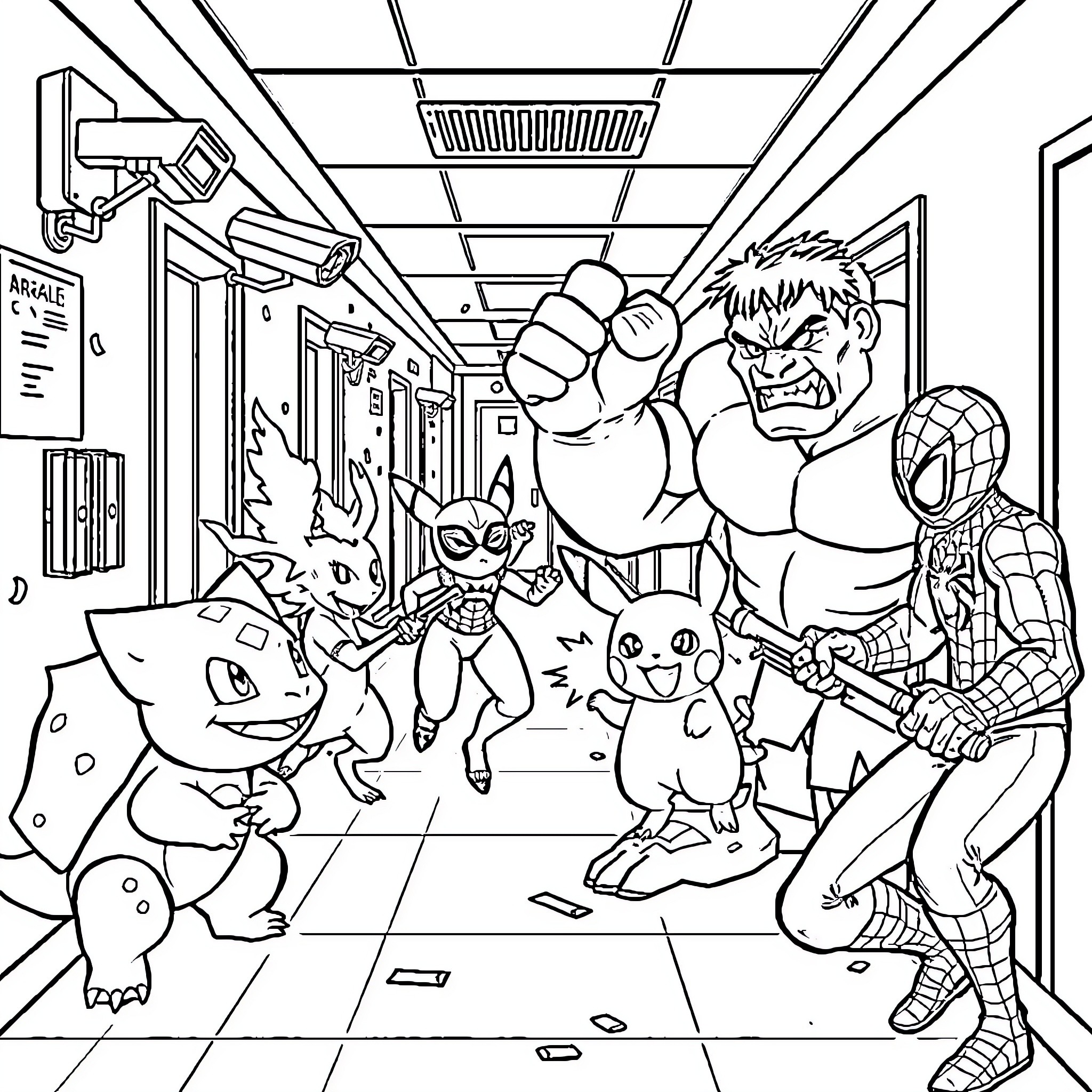 Character Superheroes in Action at School Coloring Page (free black-and-white line drawing printable PDF for all, from beginners to advanced learners, including children, teens, adults, and seniors)