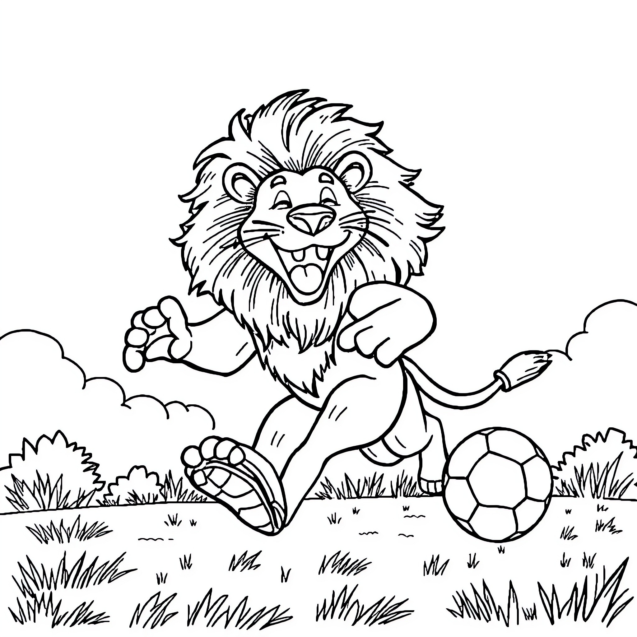 Lion playing with soccer ball in grassy field Coloring Page (free black-and-white line drawing printable PDF for all, from beginners to advanced learners, including children, teens, adults, and seniors)