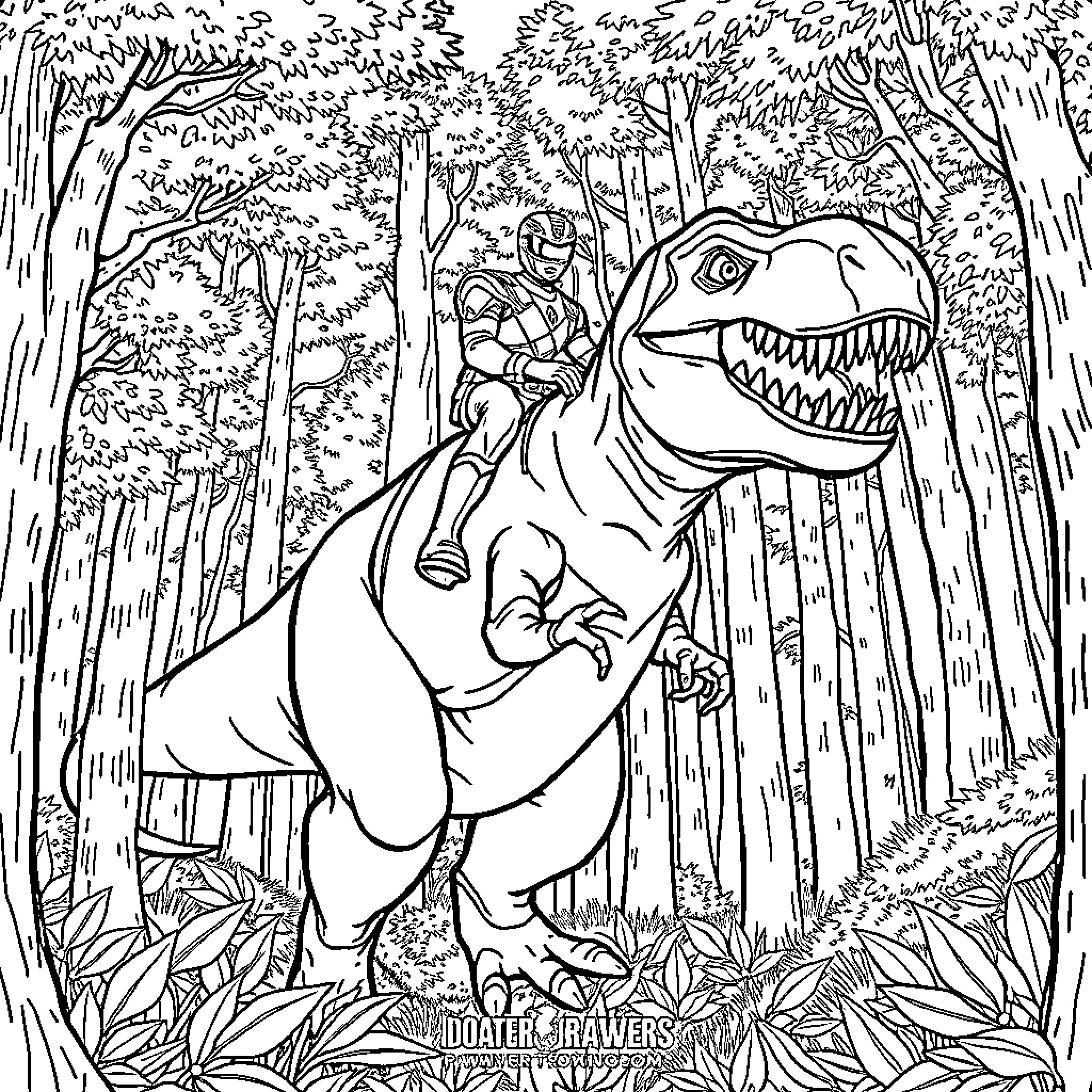 Power Ranger encounters ferocious dinosaur in the jungle Coloring Page (free black-and-white line drawing printable PDF for all, from beginners to advanced learners, including children, teens, adults, and seniors)