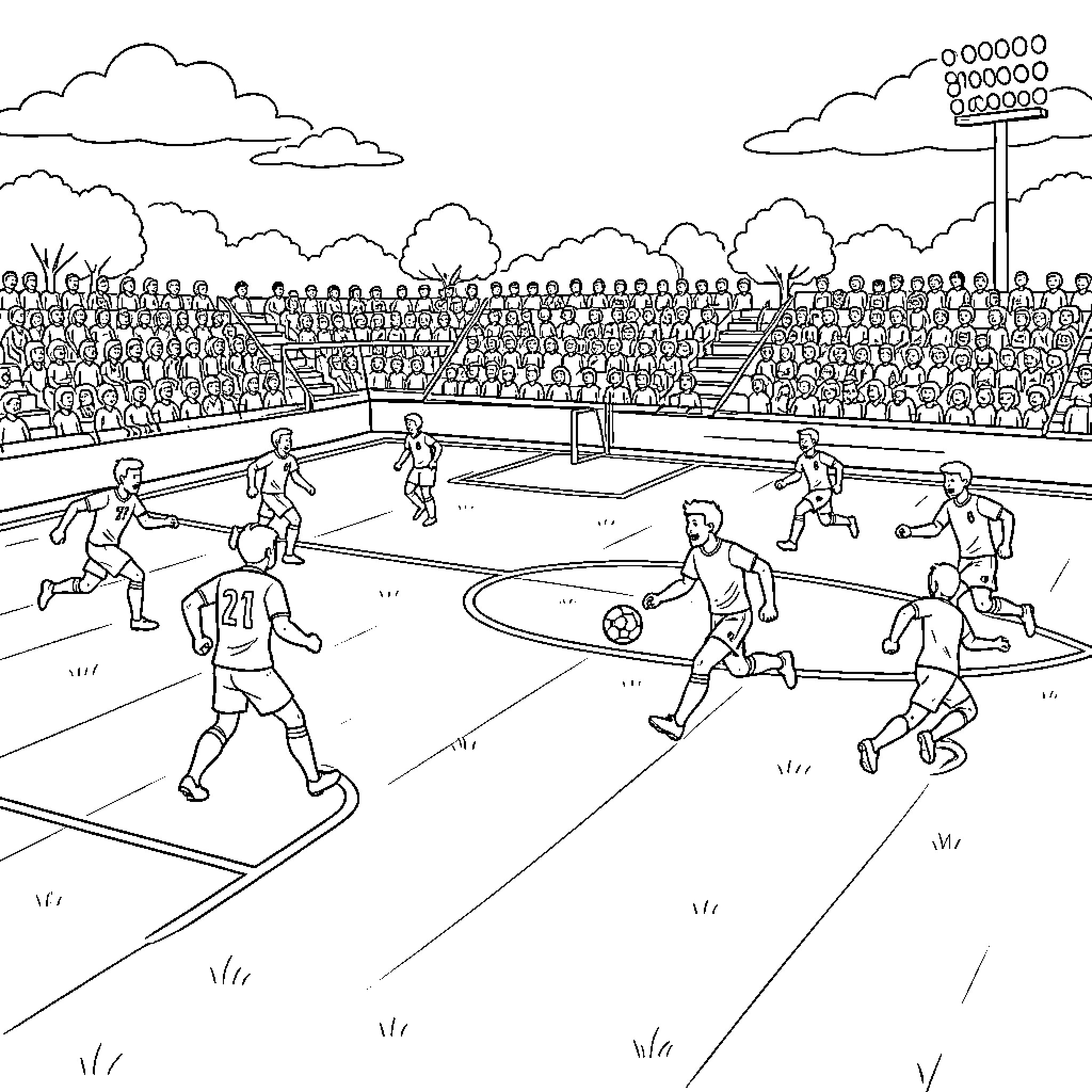 Soccer players competing during a match in a stadium Coloring Page (free black-and-white line drawing printable PDF for all, from beginners to advanced learners, including children, teens, adults, and seniors)