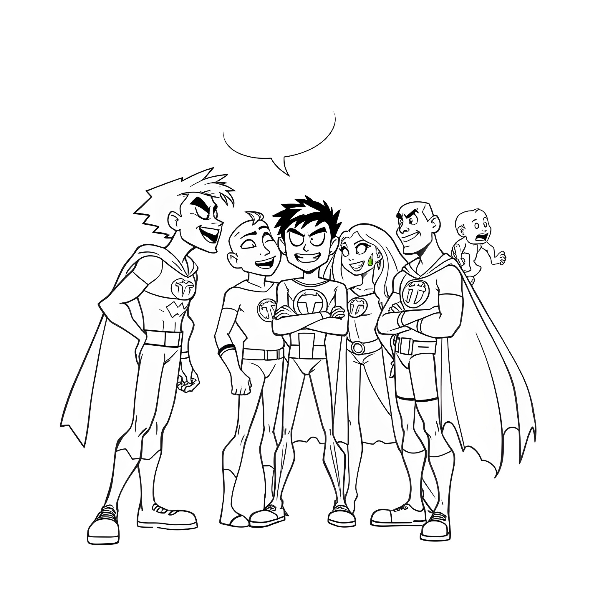 Teen Titans characters in action poses Coloring Page (free black-and-white line drawing printable PDF for all, from beginners to advanced learners, including children, teens, adults, and seniors)