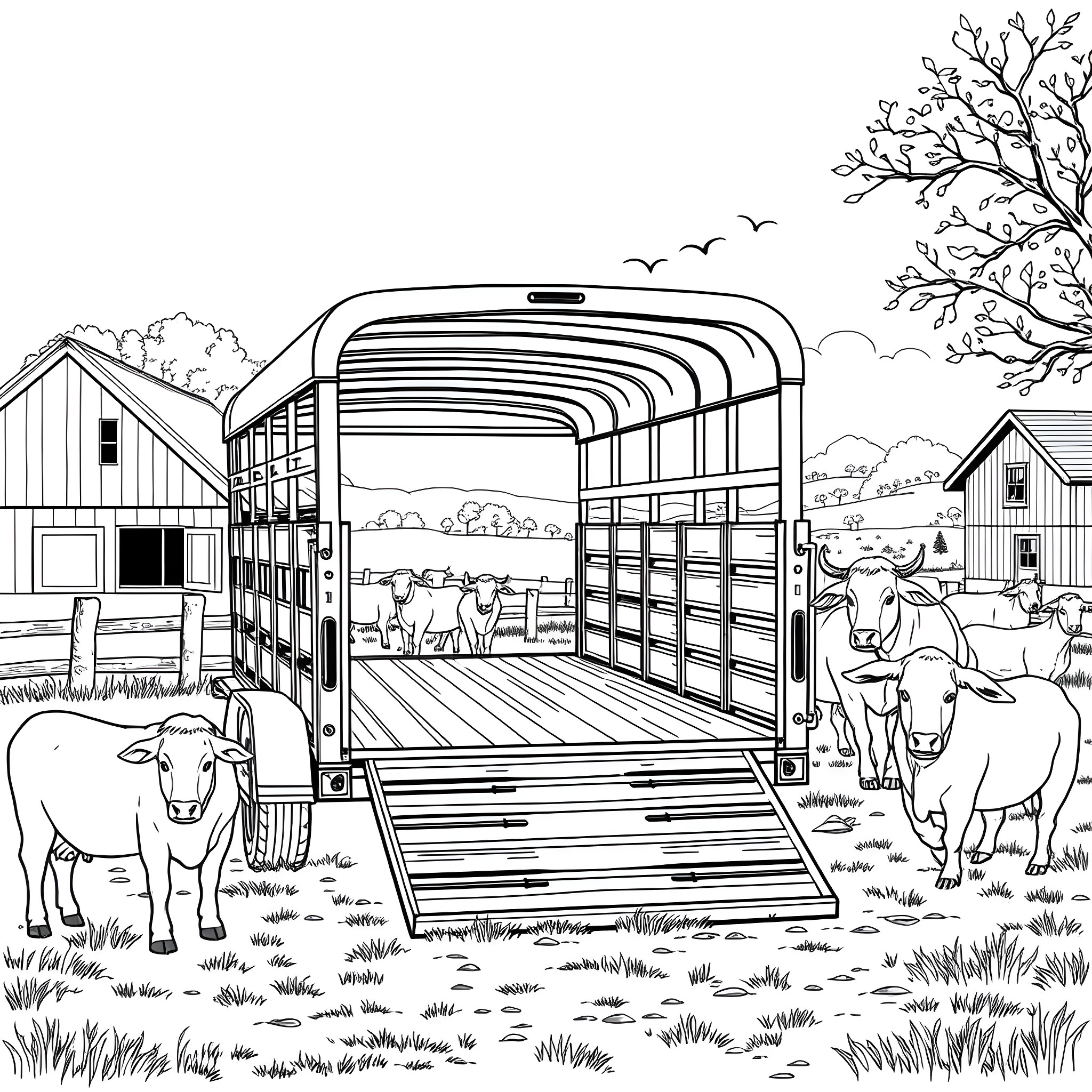 Livestock Trailer Transporting Farm Animals in Rural Countryside Coloring Page (free black-and-white line drawing printable PDF for all, from beginners to advanced learners, including children, teens, adults, and seniors)