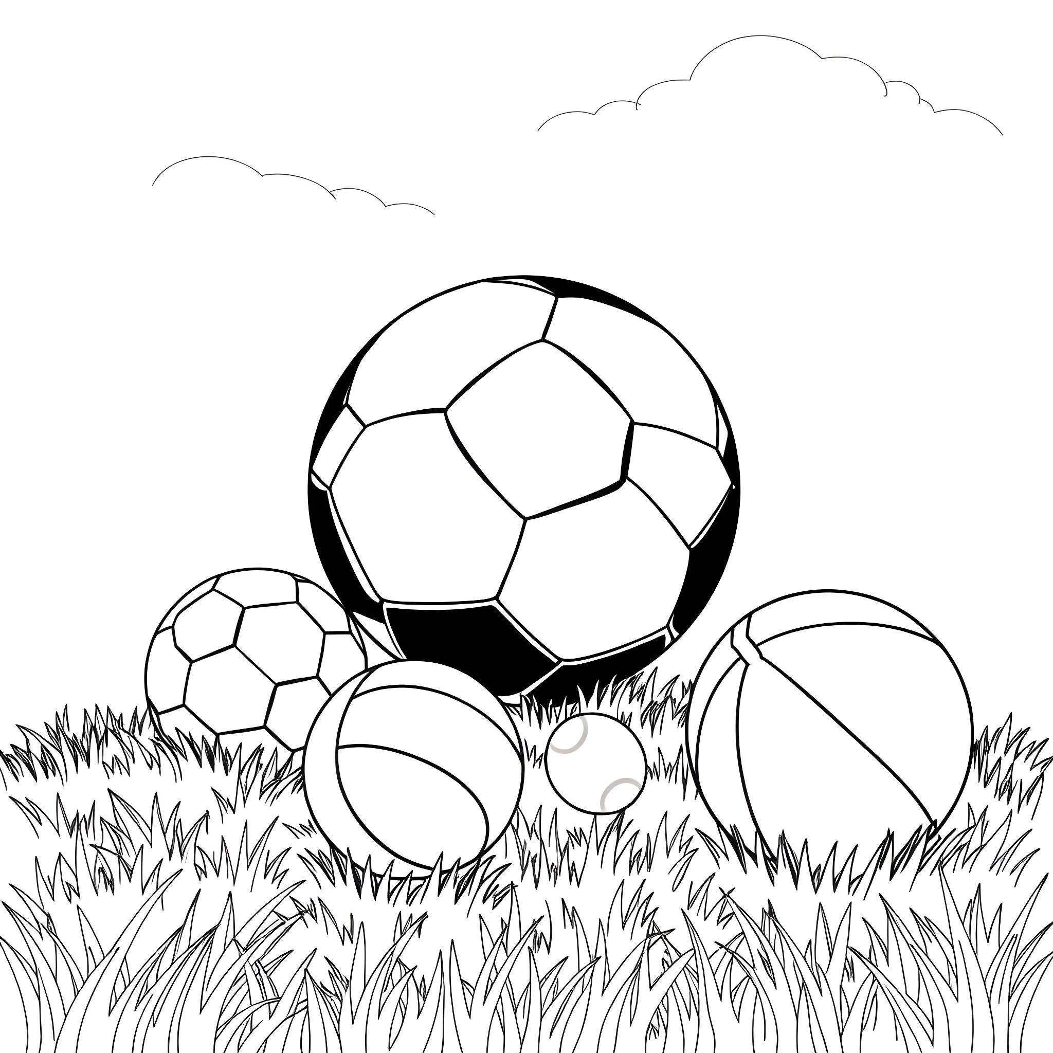 Ball games in the park Coloring Page (free black-and-white line drawing printable PDF for all, from beginners to advanced learners, including children, teens, adults, and seniors)