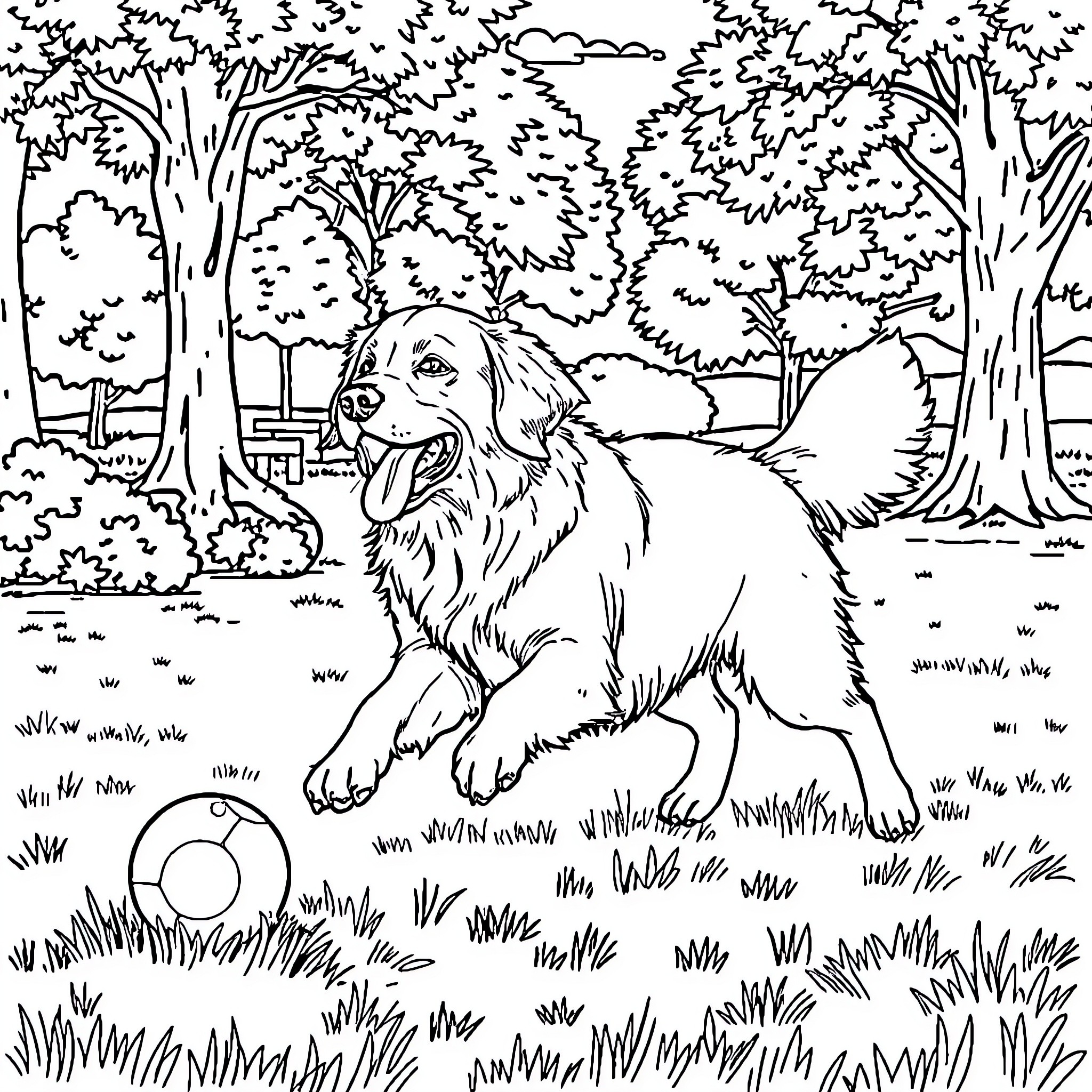 Golden Retriever playing with a ball in the park Coloring Page (free black-and-white line drawing printable PDF for all, from beginners to advanced learners, including children, teens, adults, and seniors)