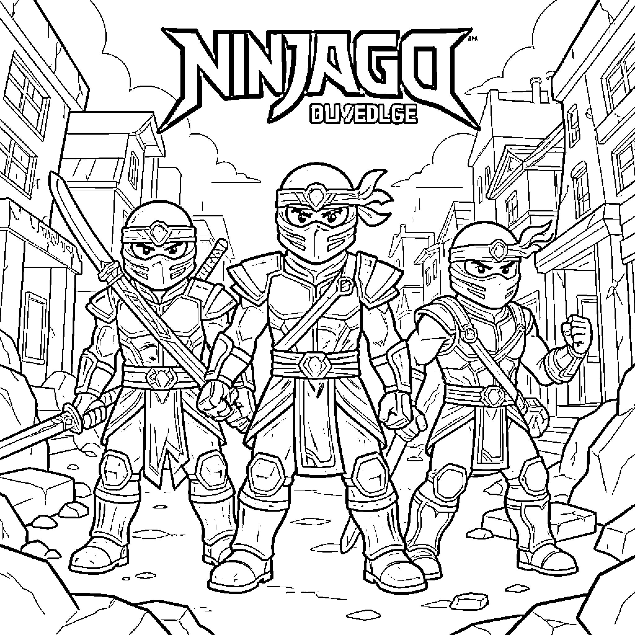 Ninjago warriors standing ready with swords in a city Coloring Page (free black-and-white line drawing printable PDF for all, from beginners to advanced learners, including children, teens, adults, and seniors)
