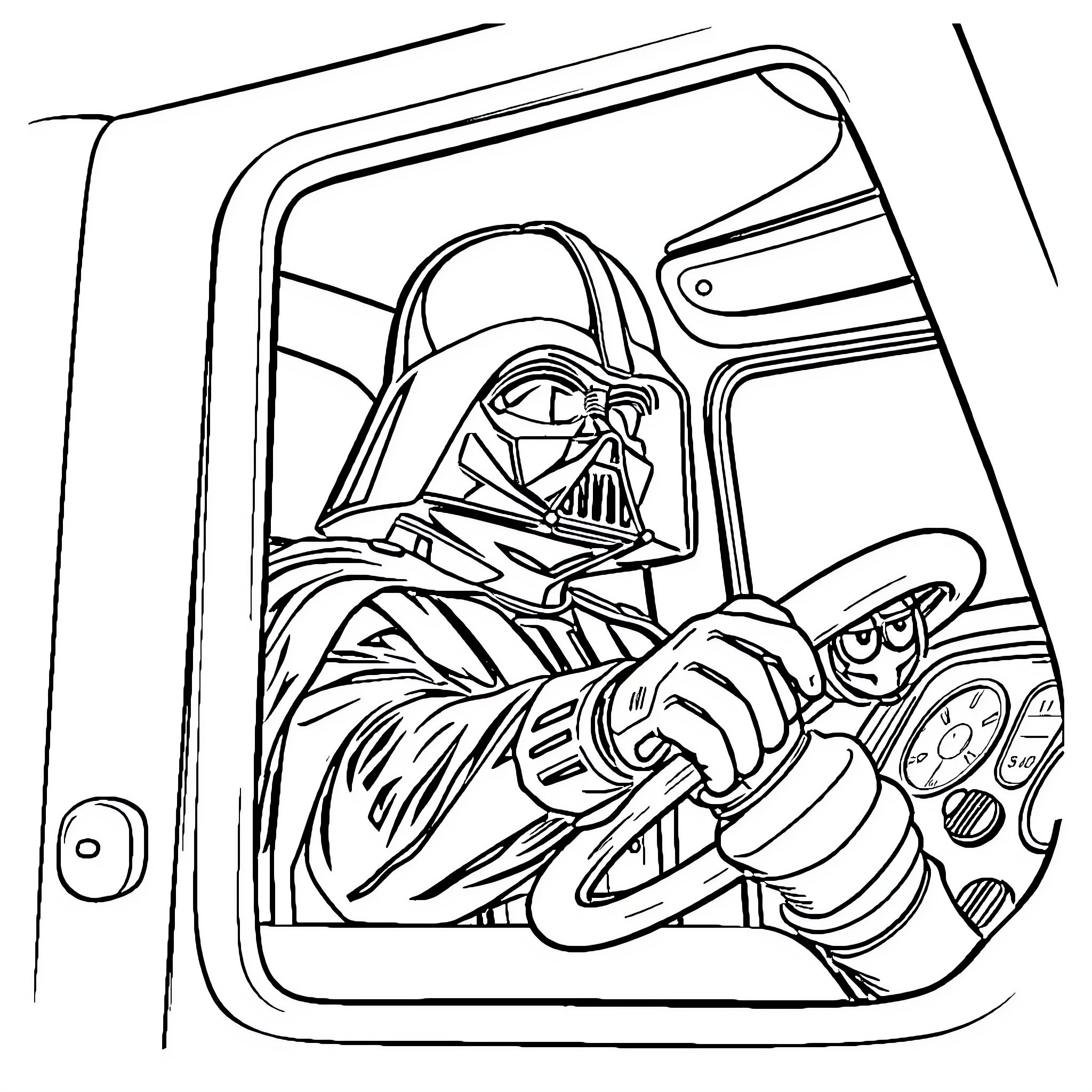 Darth Vader operating control panel in spacecraft Coloring Page (free black-and-white line drawing printable PDF for all, from beginners to advanced learners, including children, teens, adults, and seniors)