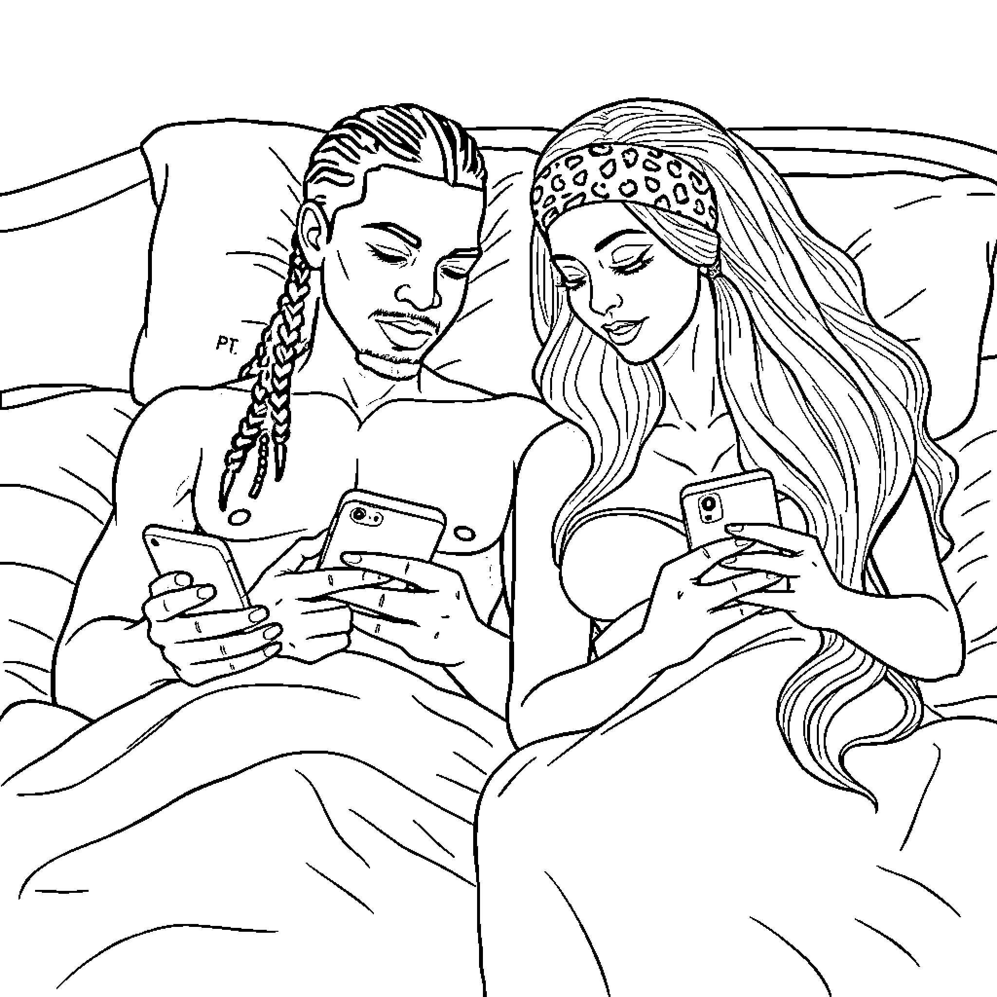 Couple relaxing together with their phones Coloring Page (free black-and-white line drawing printable PDF for all, from beginners to advanced learners, including children, teens, adults, and seniors)