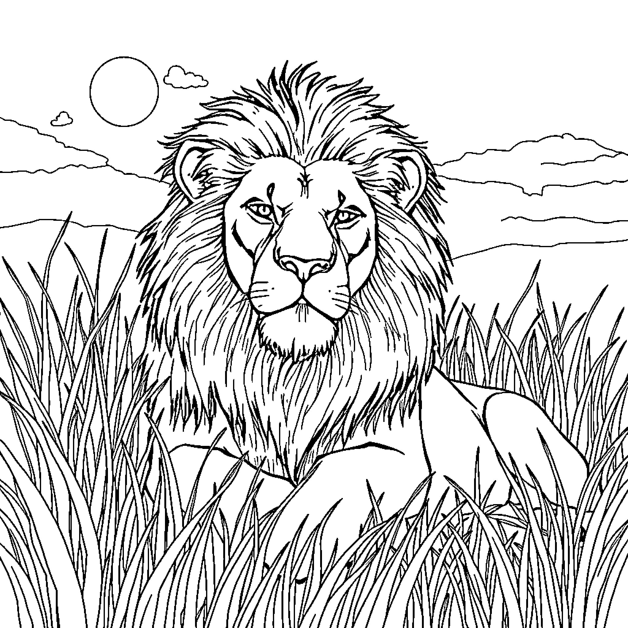 Lion relaxing in tall grass under the sun Coloring Page (free black-and-white line drawing printable PDF for all, from beginners to advanced learners, including children, teens, adults, and seniors)