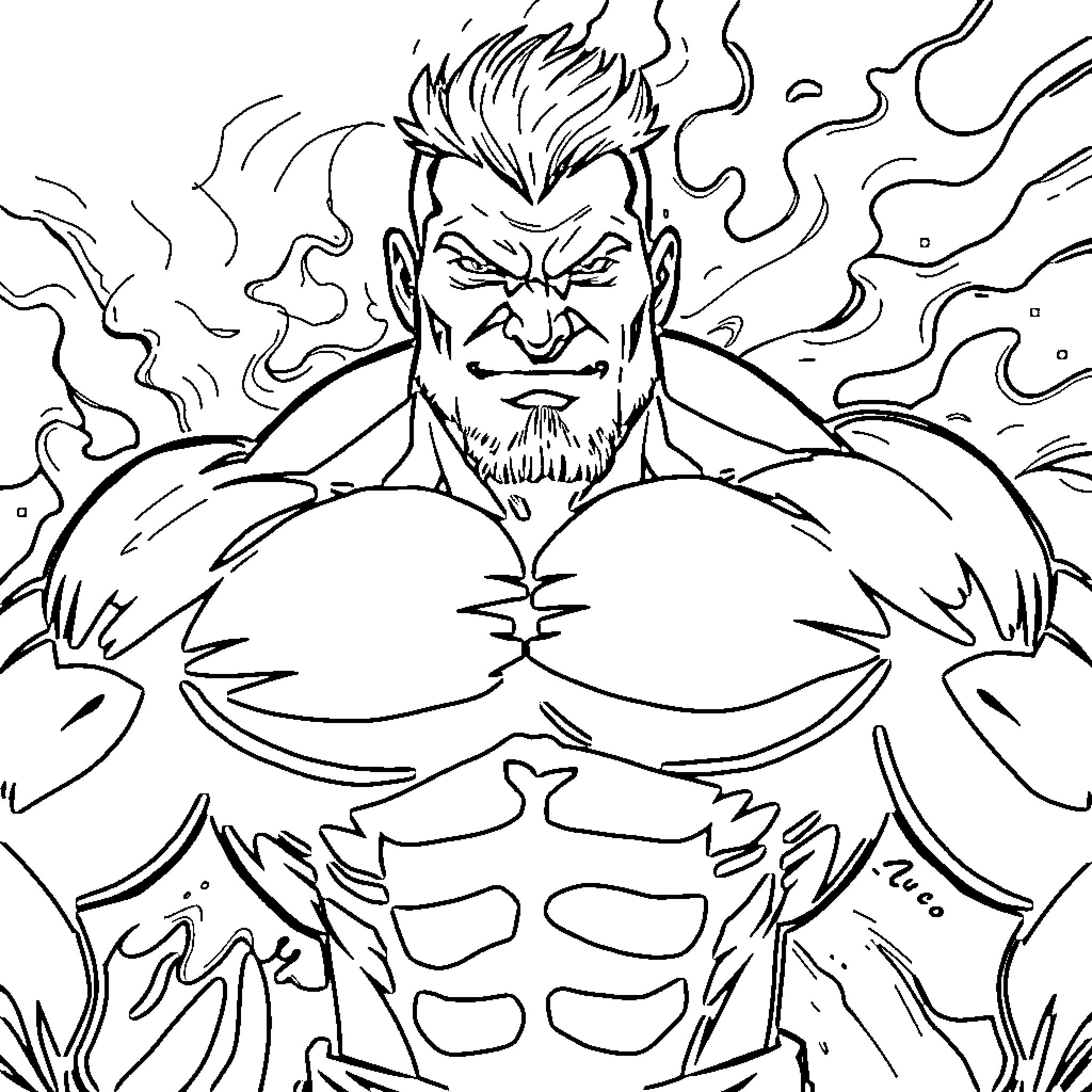 Man with intense expression and muscular physique Coloring Page (free black-and-white line drawing printable PDF for all, from beginners to advanced learners, including children, teens, adults, and seniors)