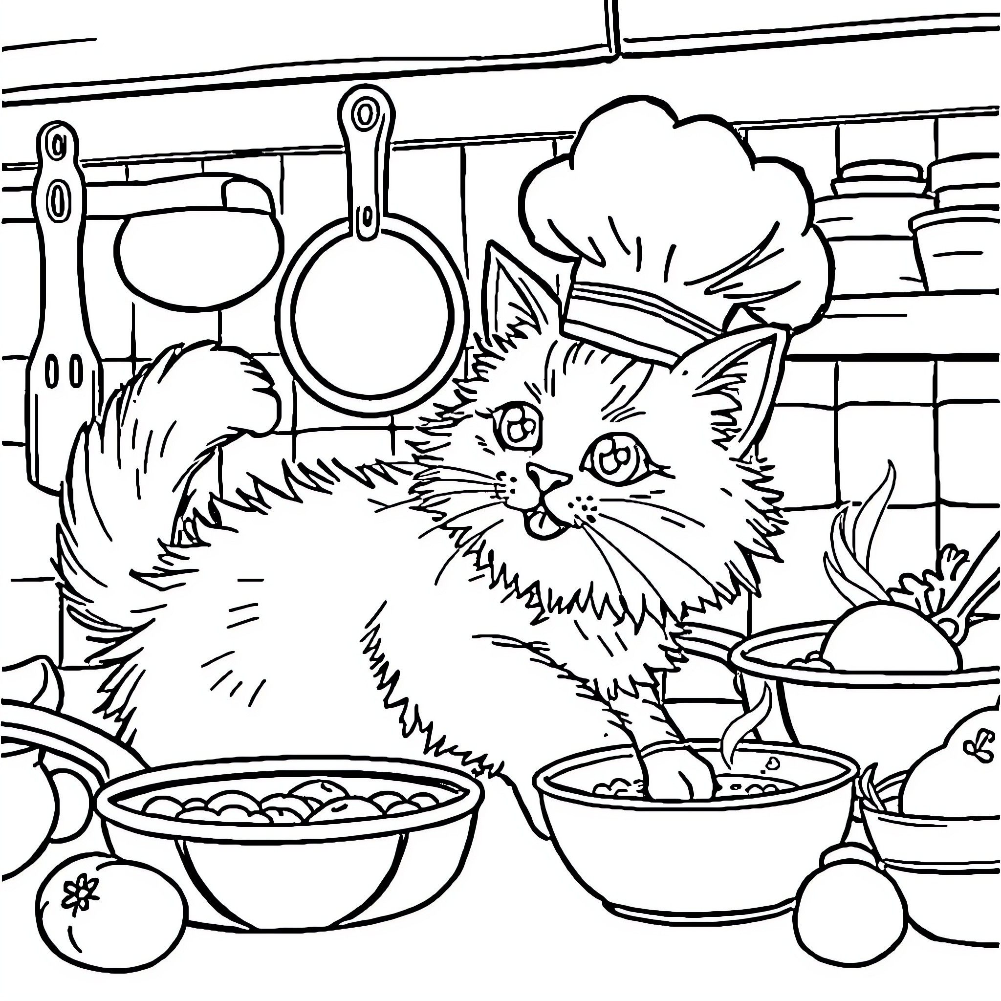 Cat exploring the kitchen Coloring Page (free black-and-white line drawing printable PDF for all, from beginners to advanced learners, including children, teens, adults, and seniors)