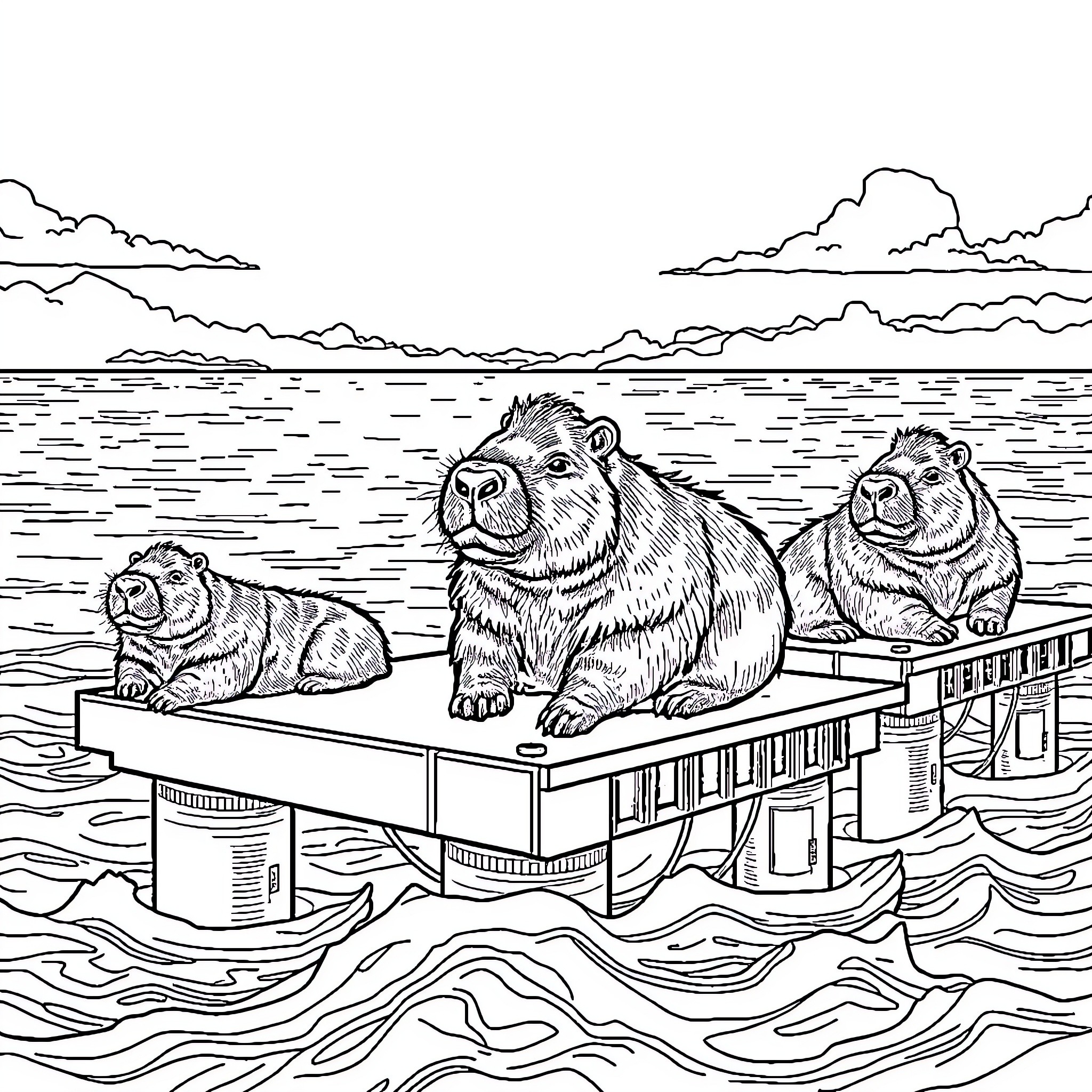 Capybara family enjoying a floating platform in the water Coloring Page (free black-and-white line drawing printable PDF for all, from beginners to advanced learners, including children, teens, adults, and seniors)