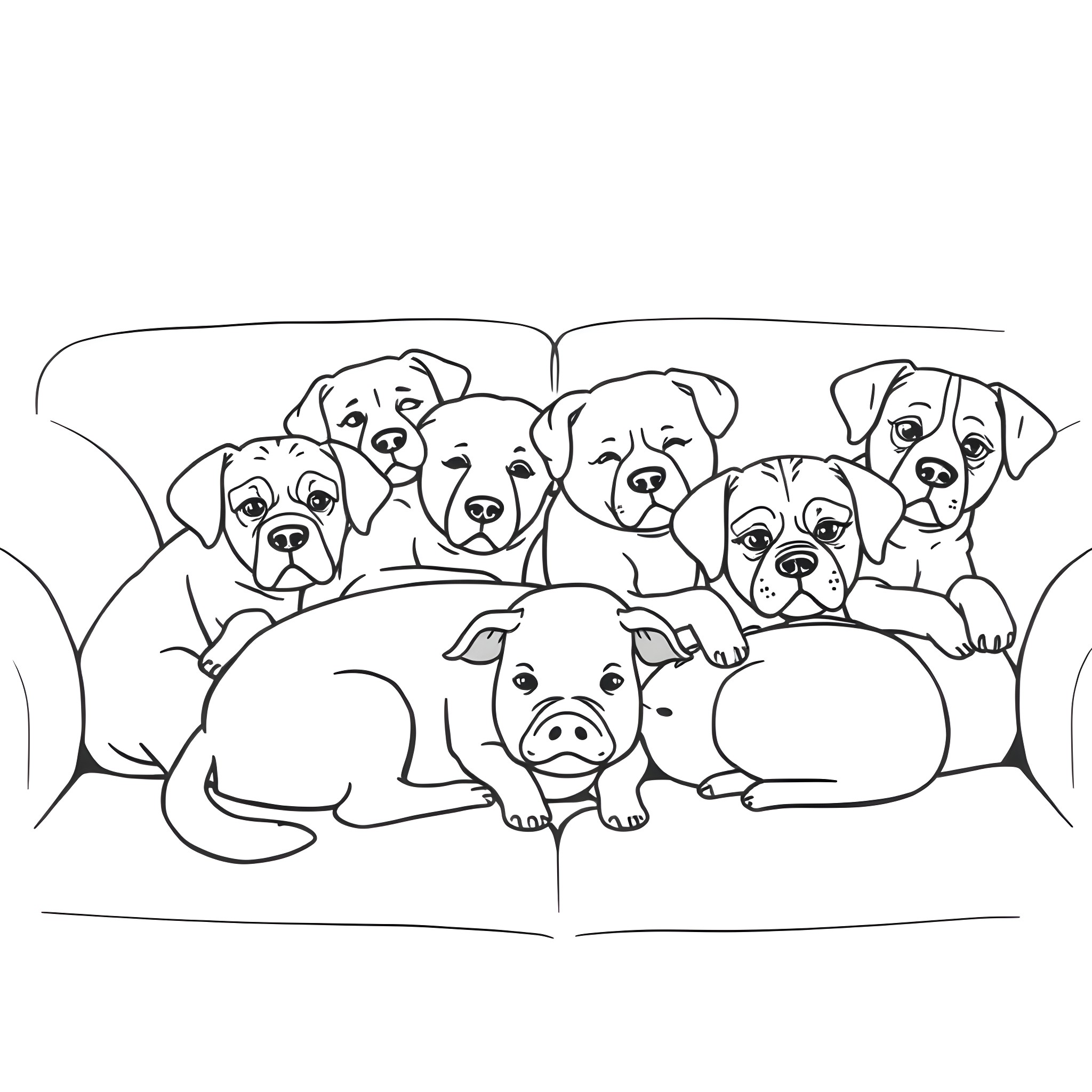 Dog friends cuddling on the couch Coloring Page (free black-and-white line drawing printable PDF for all, from beginners to advanced learners, including children, teens, adults, and seniors)