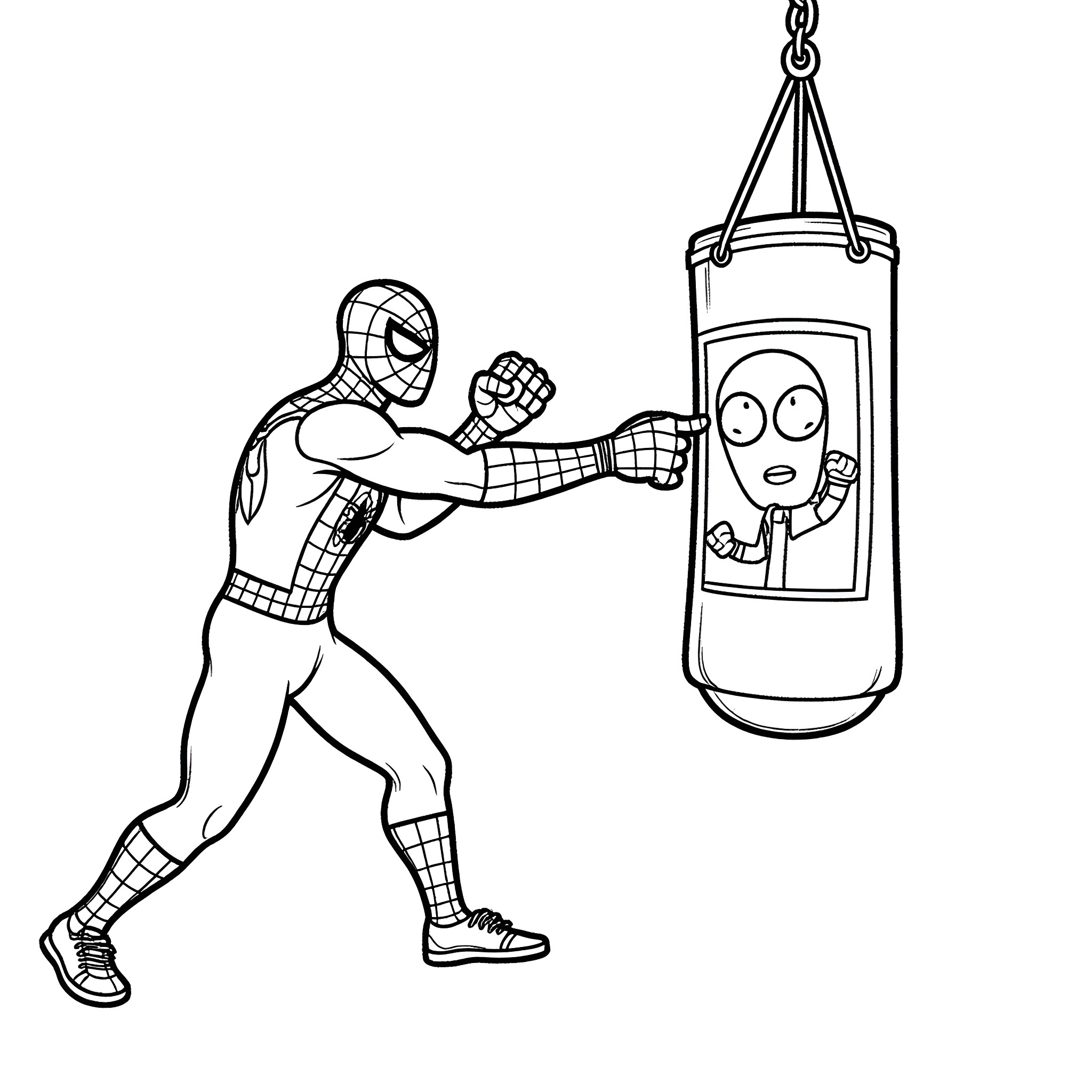 Spider-Man Punching Training Dummy in Gym Coloring Page (free black-and-white line drawing printable PDF for all, from beginners to advanced learners, including children, teens, adults, and seniors)