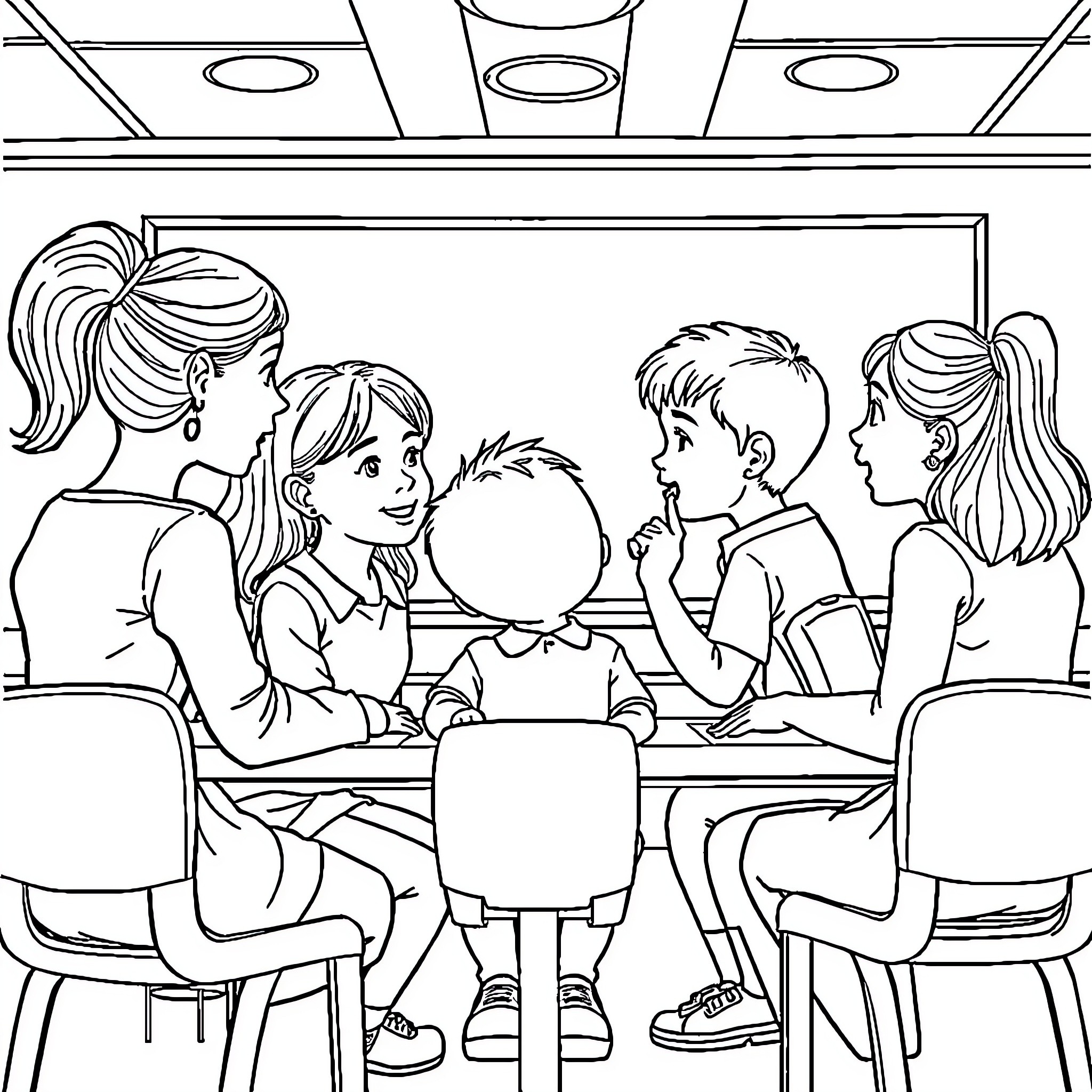 Niño sharing a meal with family Coloring Page (free black-and-white line drawing printable PDF for all, from beginners to advanced learners, including children, teens, adults, and seniors)