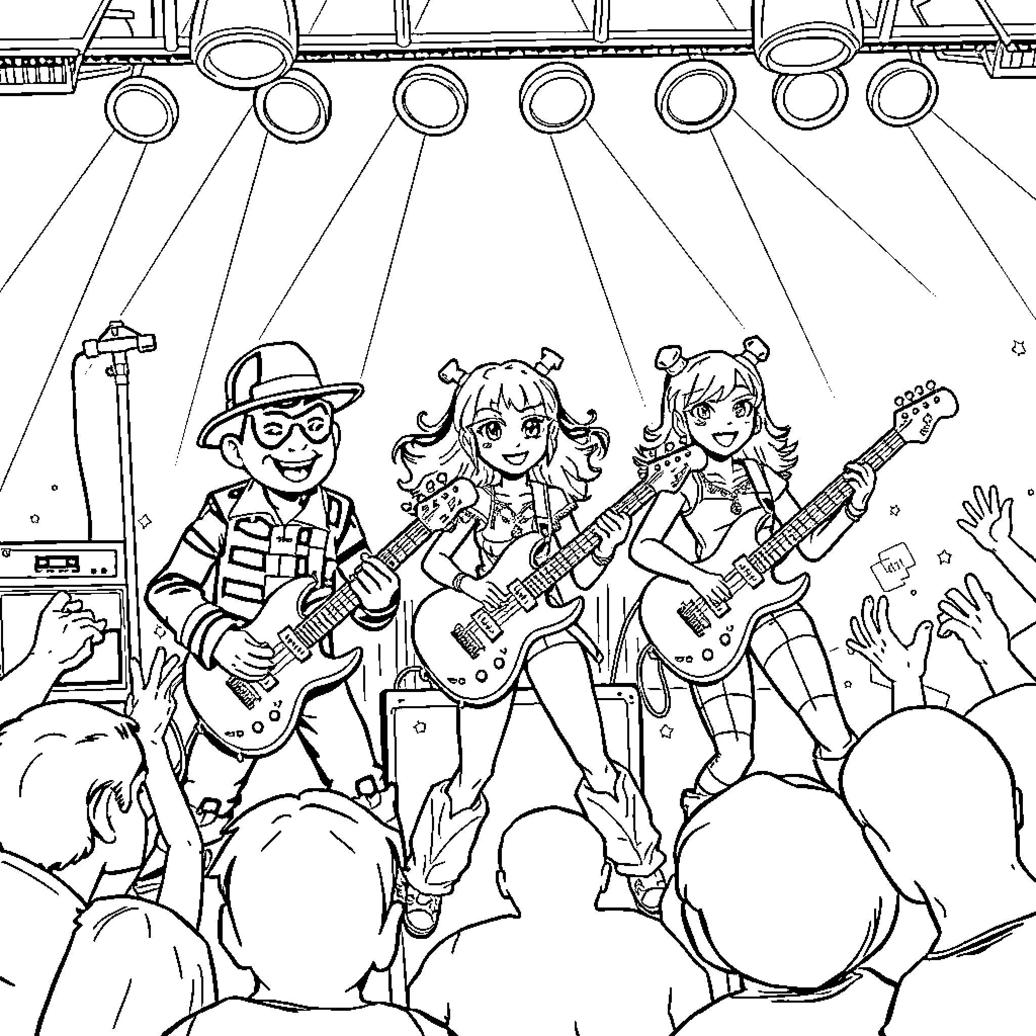 Freddy's Rockin' Musical Performance Coloring Page (free black-and-white line drawing printable PDF for all, from beginners to advanced learners, including children, teens, adults, and seniors)