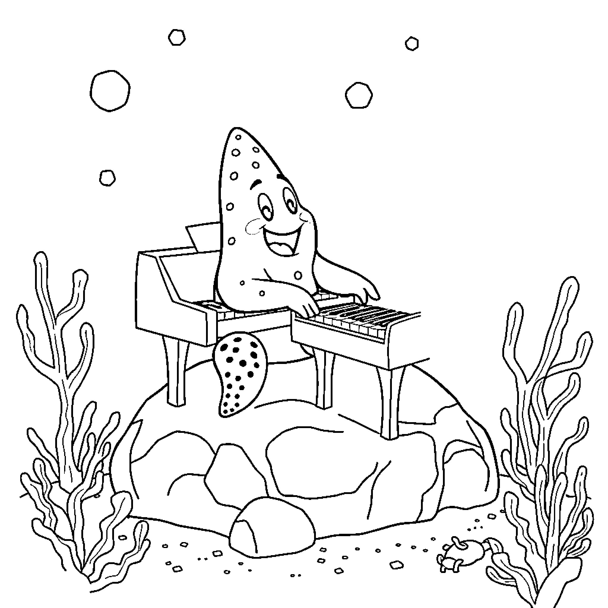 Starfish playing joyfully on the piano underwater Coloring Page (free black-and-white line drawing printable PDF for all, from beginners to advanced learners, including children, teens, adults, and seniors)