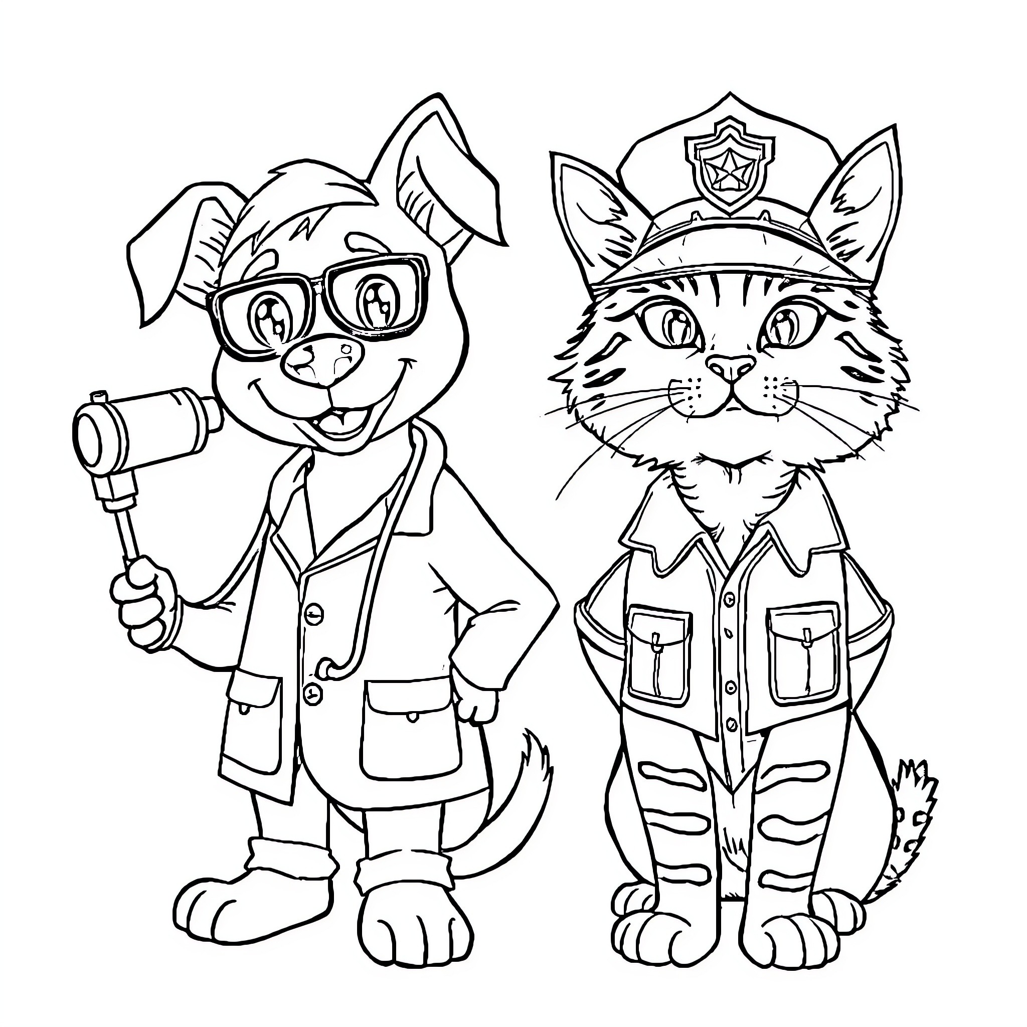 Animal detectives solving mysteries in uniform Coloring Page (free black-and-white line drawing printable PDF for all, from beginners to advanced learners, including children, teens, adults, and seniors)