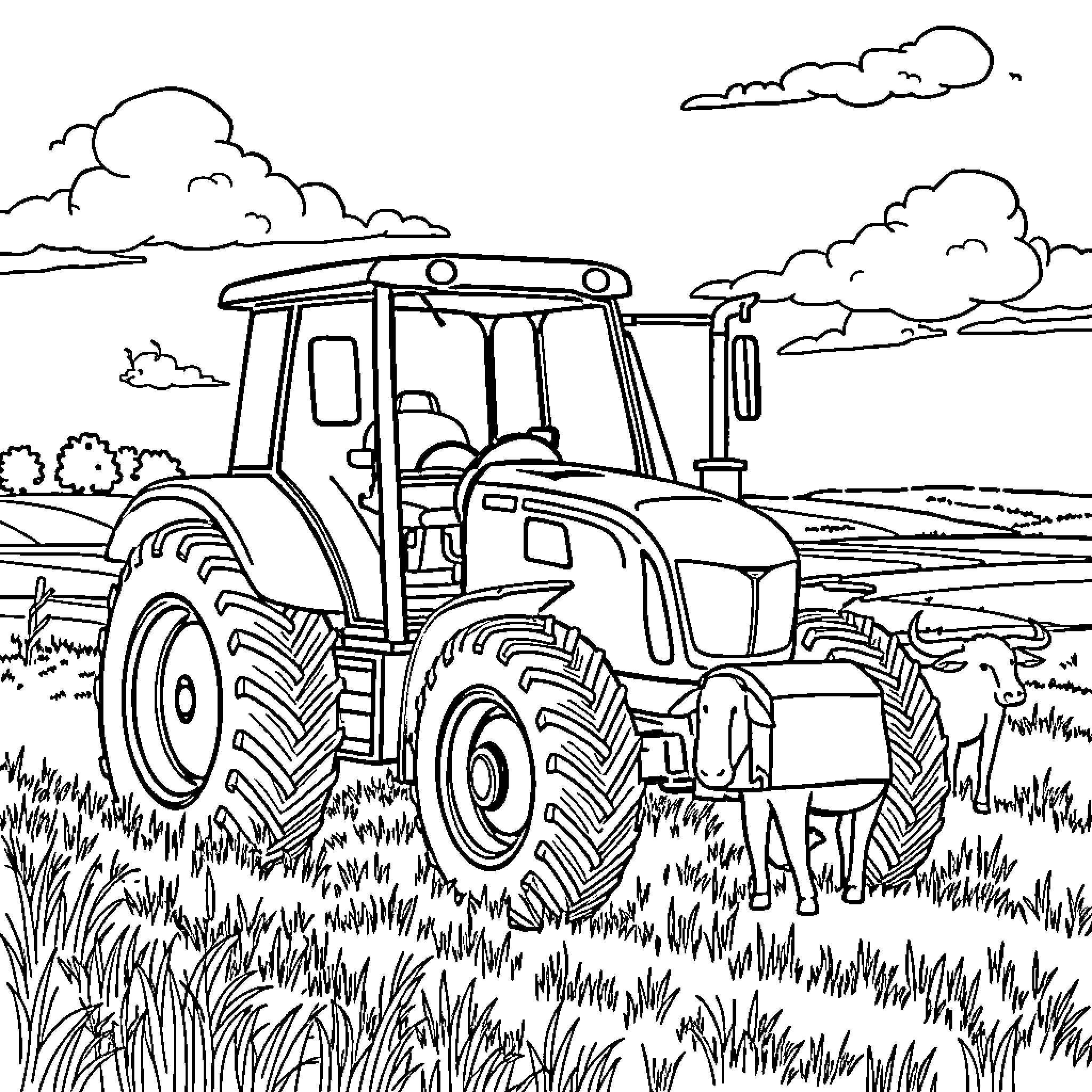 Tractor plowing the field with animals Coloring Page (free black-and-white line drawing printable PDF for all, from beginners to advanced learners, including children, teens, adults, and seniors)
