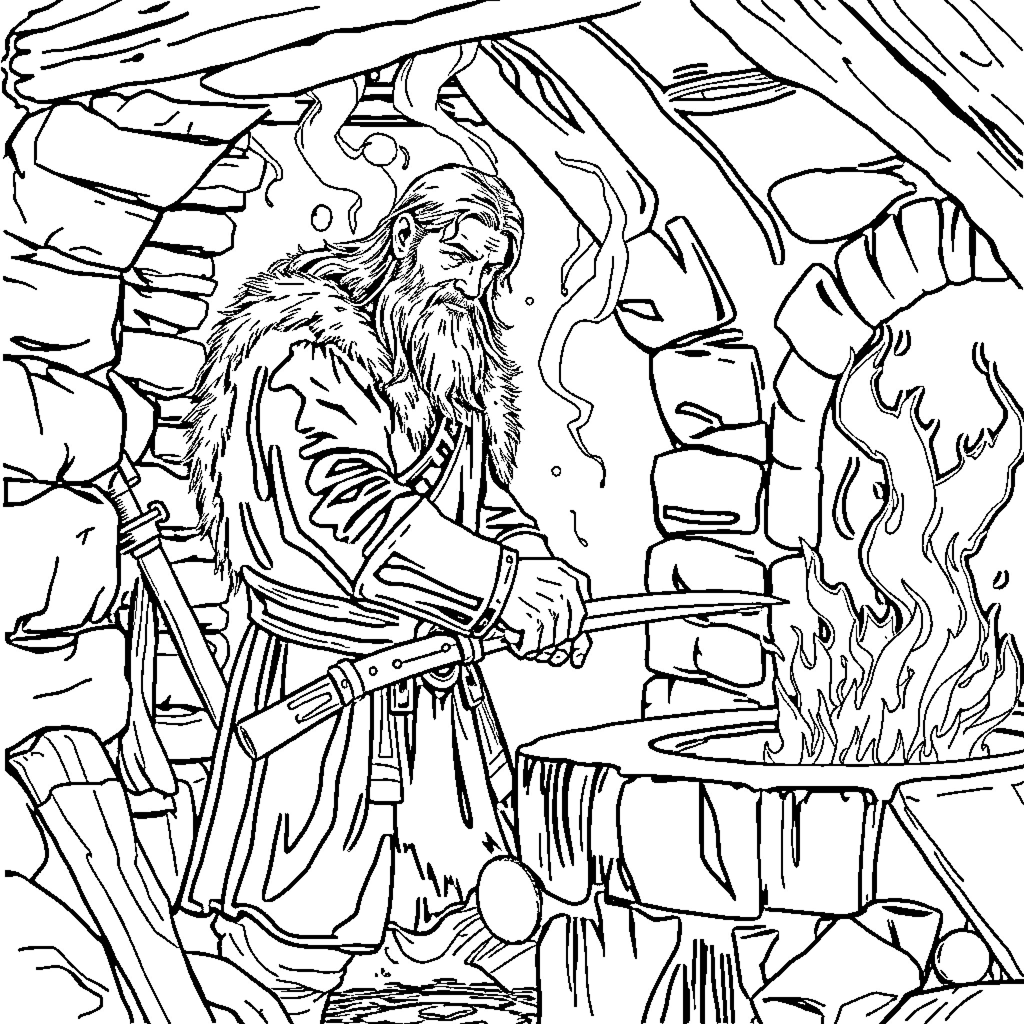 Culann the Blacksmith Forging Weapons in His Workshop Coloring Page (free black-and-white line drawing printable PDF for all, from beginners to advanced learners, including children, teens, adults, and seniors)