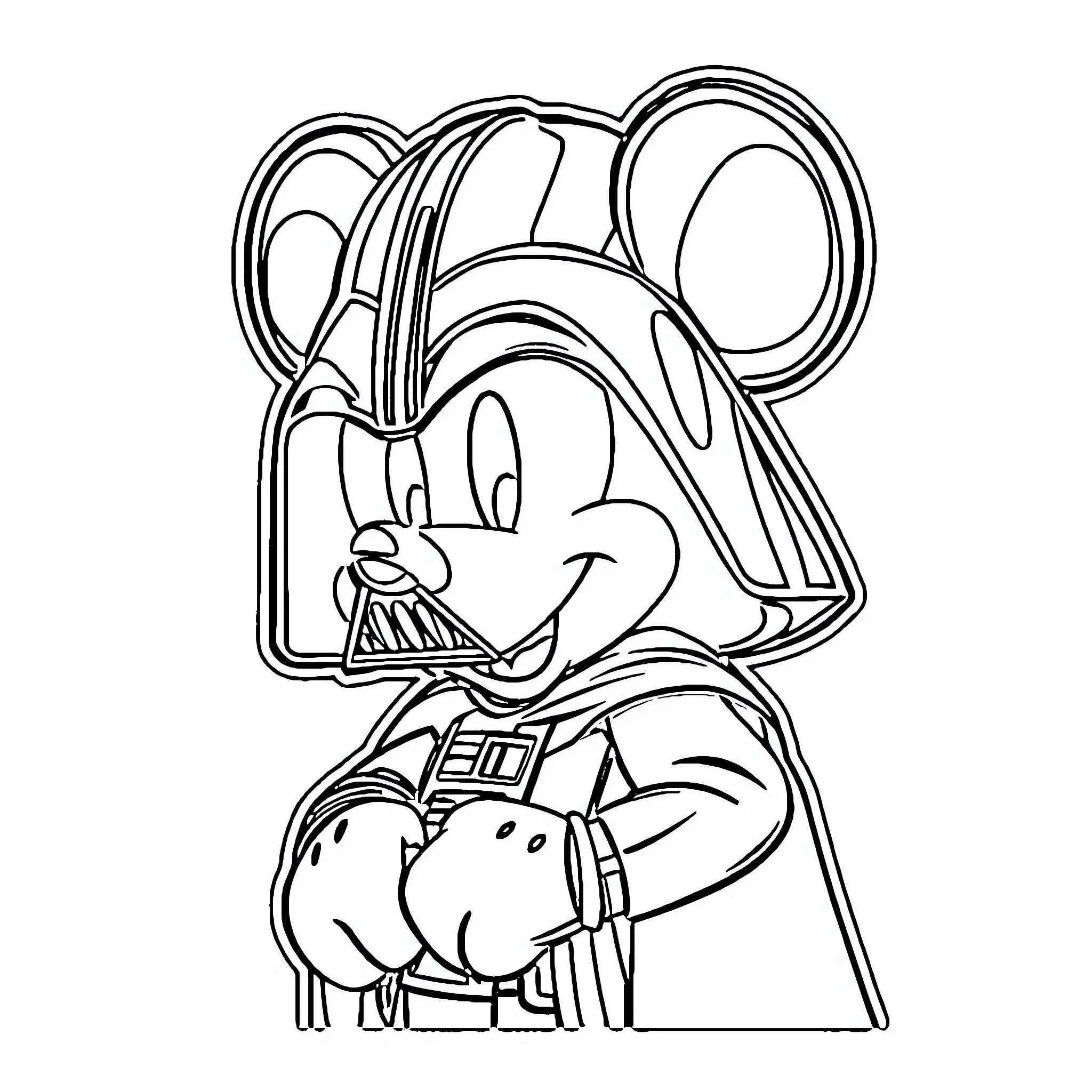 Mickey Mouse as Darth Vader Coloring Page (free black-and-white line drawing printable PDF for all, from beginners to advanced learners, including children, teens, adults, and seniors)