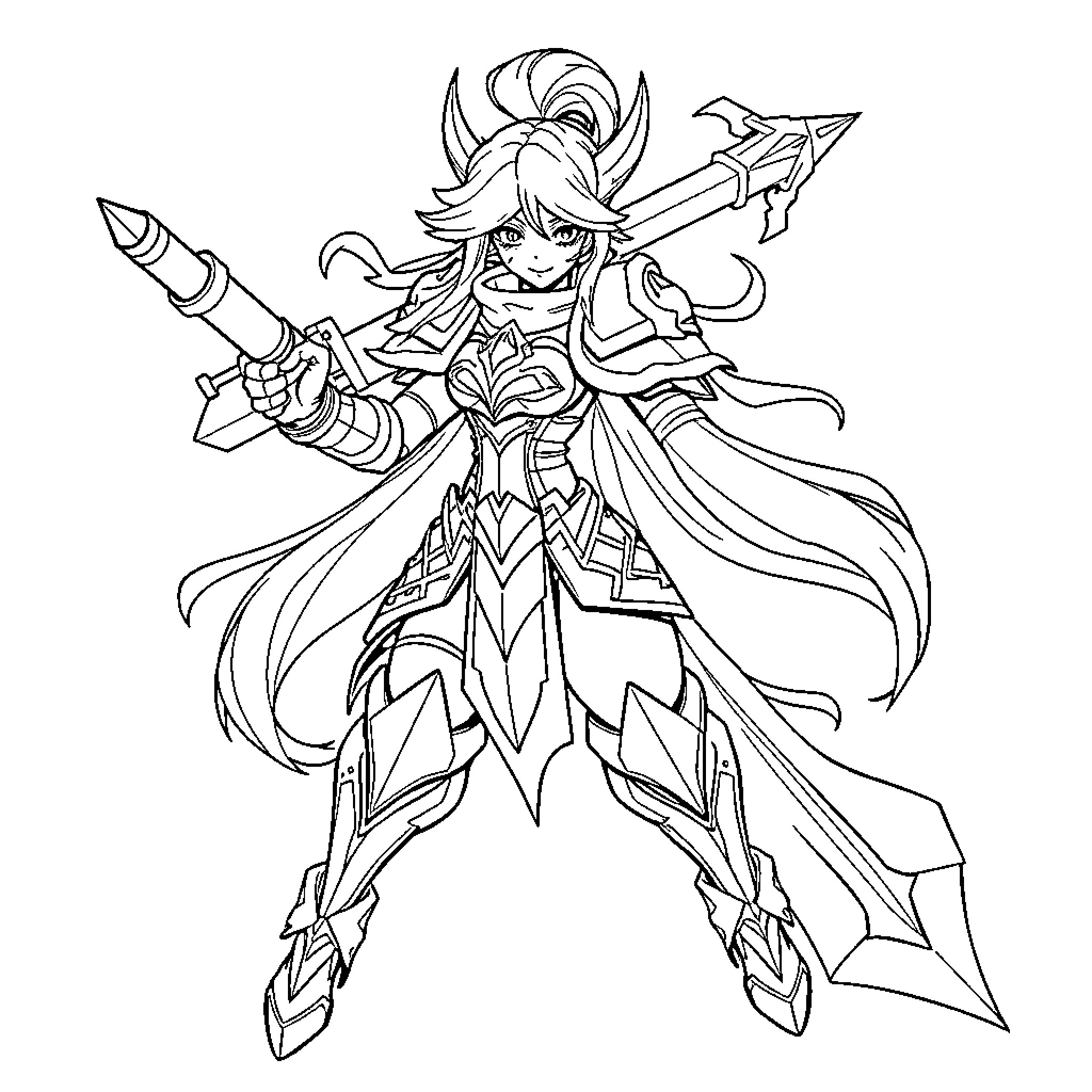 Layla's Heroic Pose in Armored Attire Coloring Page (free black-and-white line drawing printable PDF for all, from beginners to advanced learners, including children, teens, adults, and seniors)