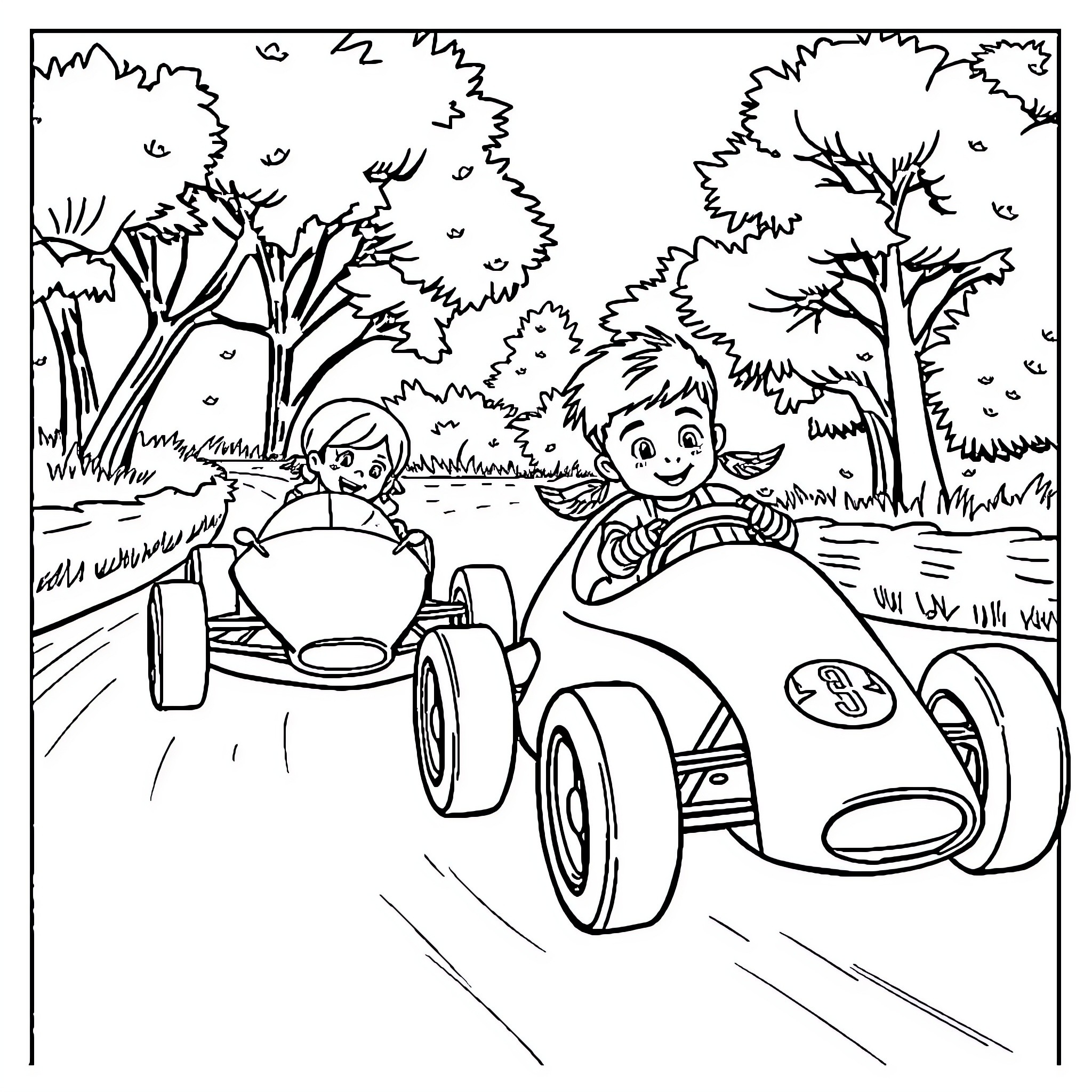 Race Car Driver in Nature Coloring Page (free black-and-white line drawing printable PDF for all, from beginners to advanced learners, including children, teens, adults, and seniors)