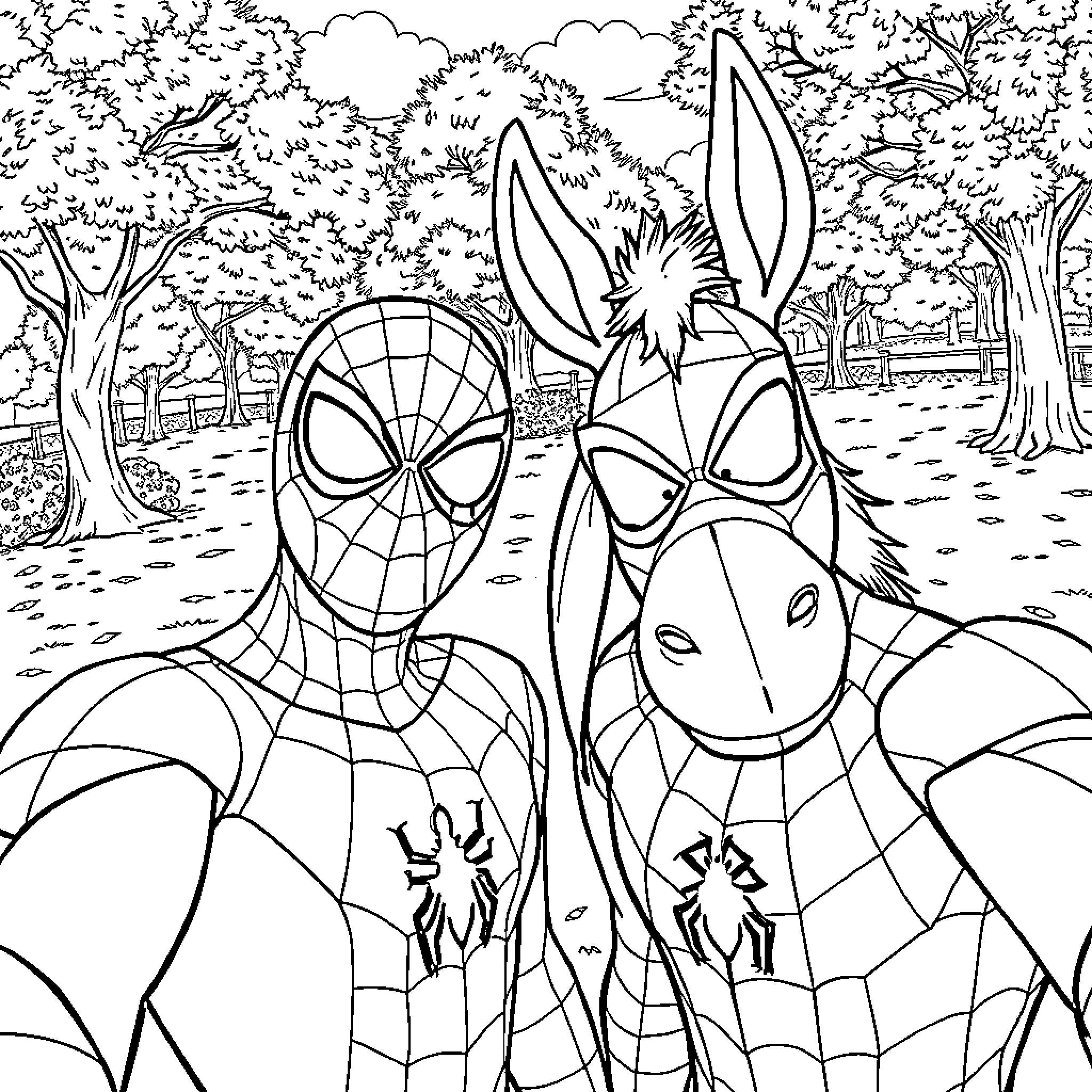 Spiderman and Donkey Exploring the Enchanted Forest Coloring Page (free black-and-white line drawing printable PDF for all, from beginners to advanced learners, including children, teens, adults, and seniors)