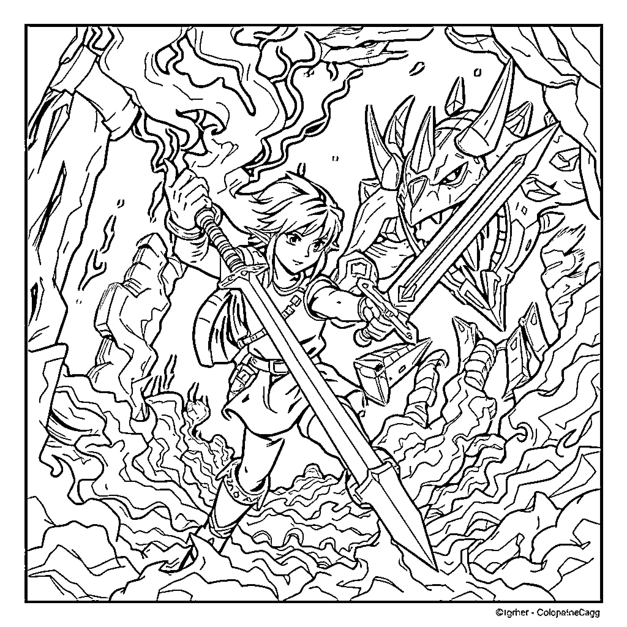 Link battling fierce monsters in a fantastical realm Coloring Page (free black-and-white line drawing printable PDF for all, from beginners to advanced learners, including children, teens, adults, and seniors)
