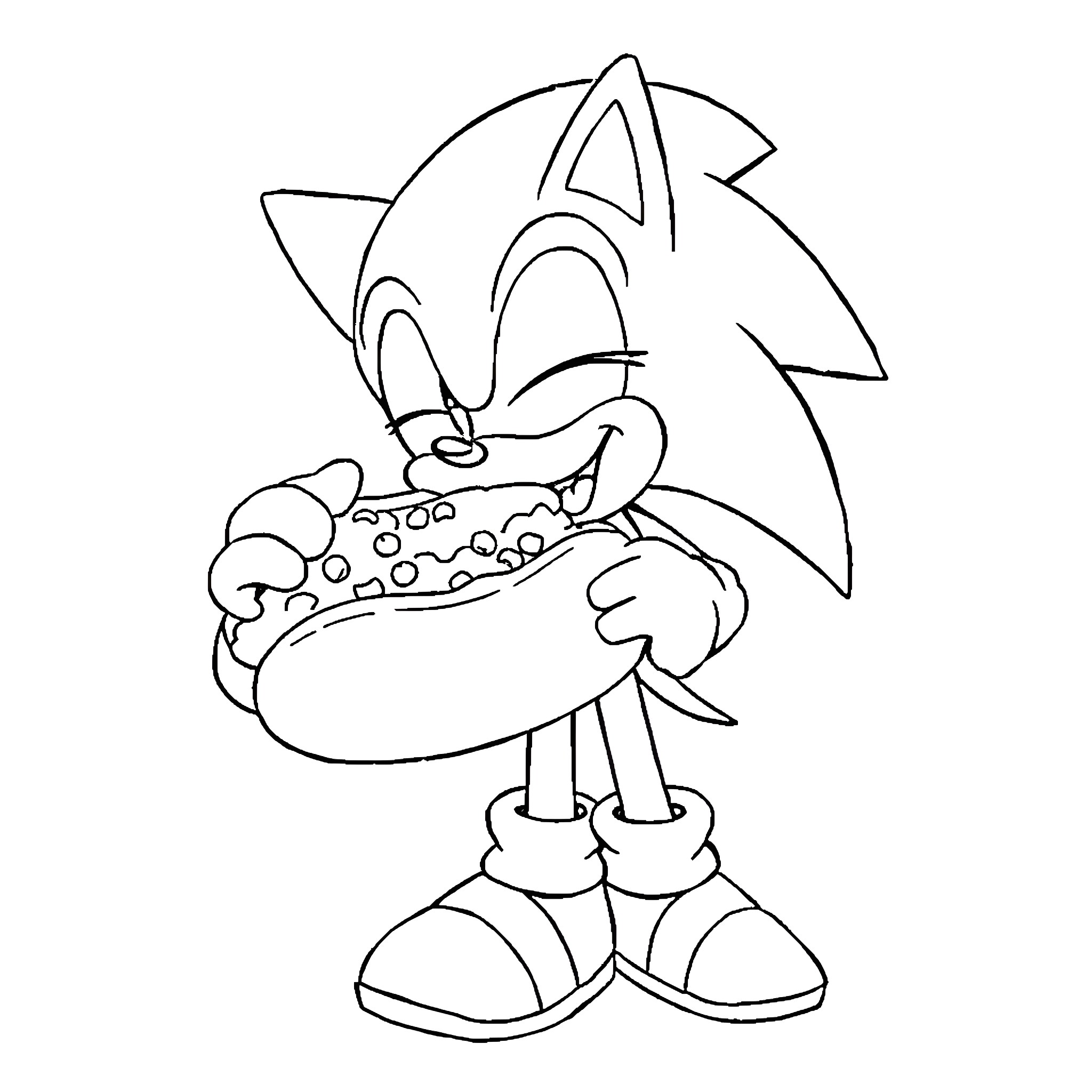 Sonic Enjoying a Tasty Treat Coloring Page (free black-and-white line drawing printable PDF for all, from beginners to advanced learners, including children, teens, adults, and seniors)