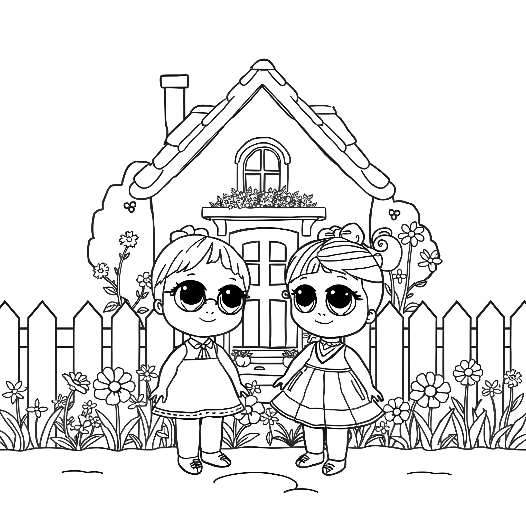 Doll friends in a quaint cottage garden Coloring Page (free black-and-white line drawing printable PDF for all, from beginners to advanced learners, including children, teens, adults, and seniors)
