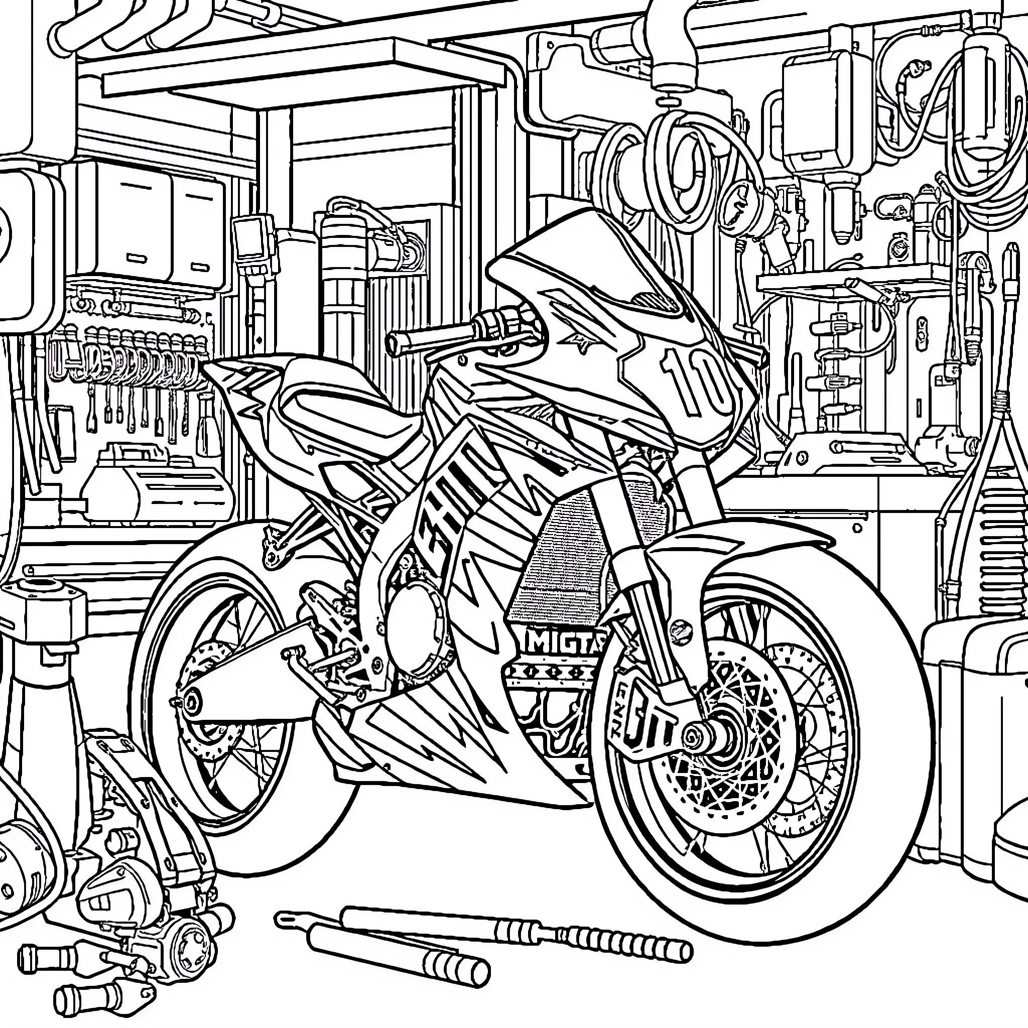 Race Bike Undergoing Maintenance in Garage Coloring Page (free black-and-white line drawing printable PDF for all, from beginners to advanced learners, including children, teens, adults, and seniors)
