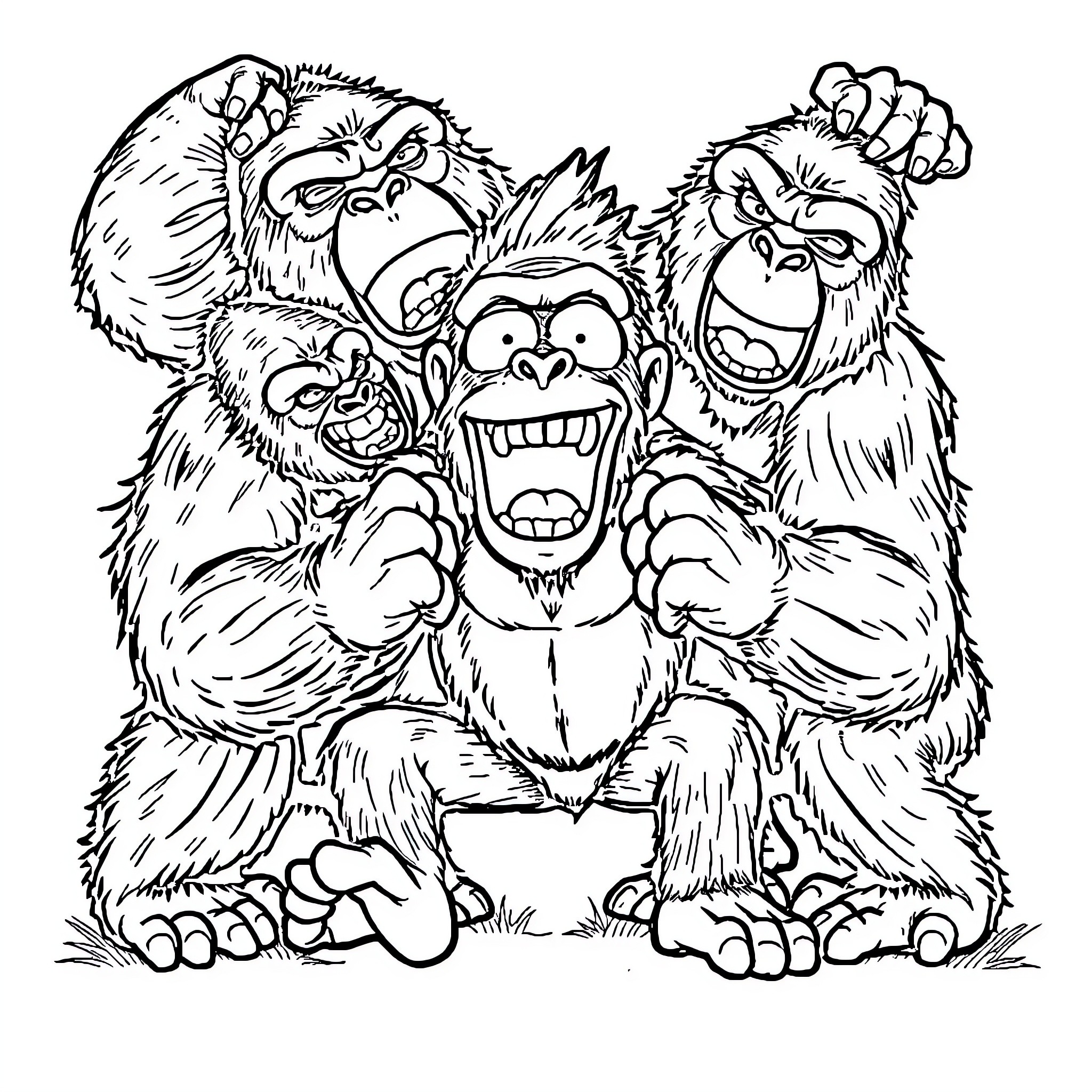 Gorilla friends having a silly time together Coloring Page (free black-and-white line drawing printable PDF for all, from beginners to advanced learners, including children, teens, adults, and seniors)