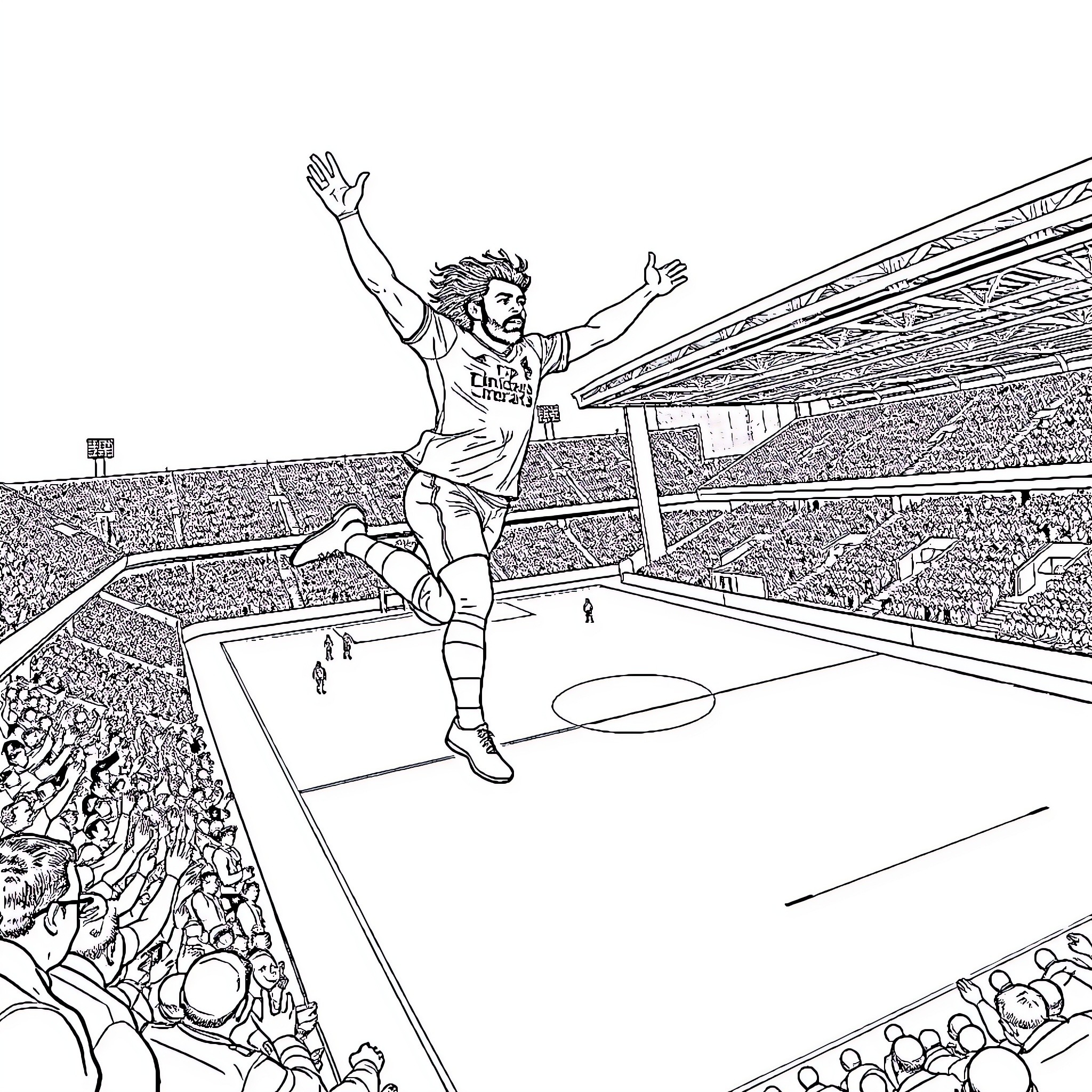 Mohammed Salah celebrating victory on the pitch Coloring Page (free black-and-white line drawing printable PDF for all, from beginners to advanced learners, including children, teens, adults, and seniors)