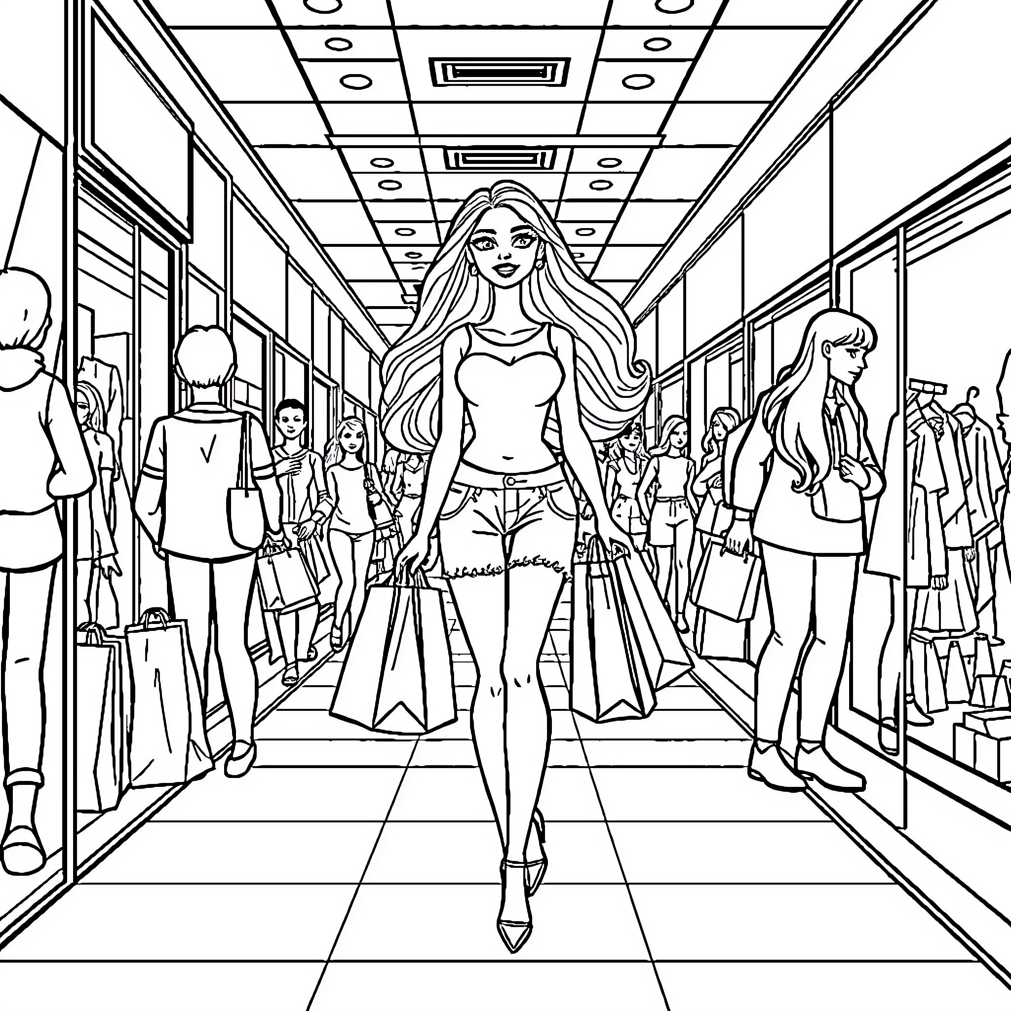 Barbie Fashion Show Strutting the Catwalk Coloring Page (free black-and-white line drawing printable PDF for all, from beginners to advanced learners, including children, teens, adults, and seniors)