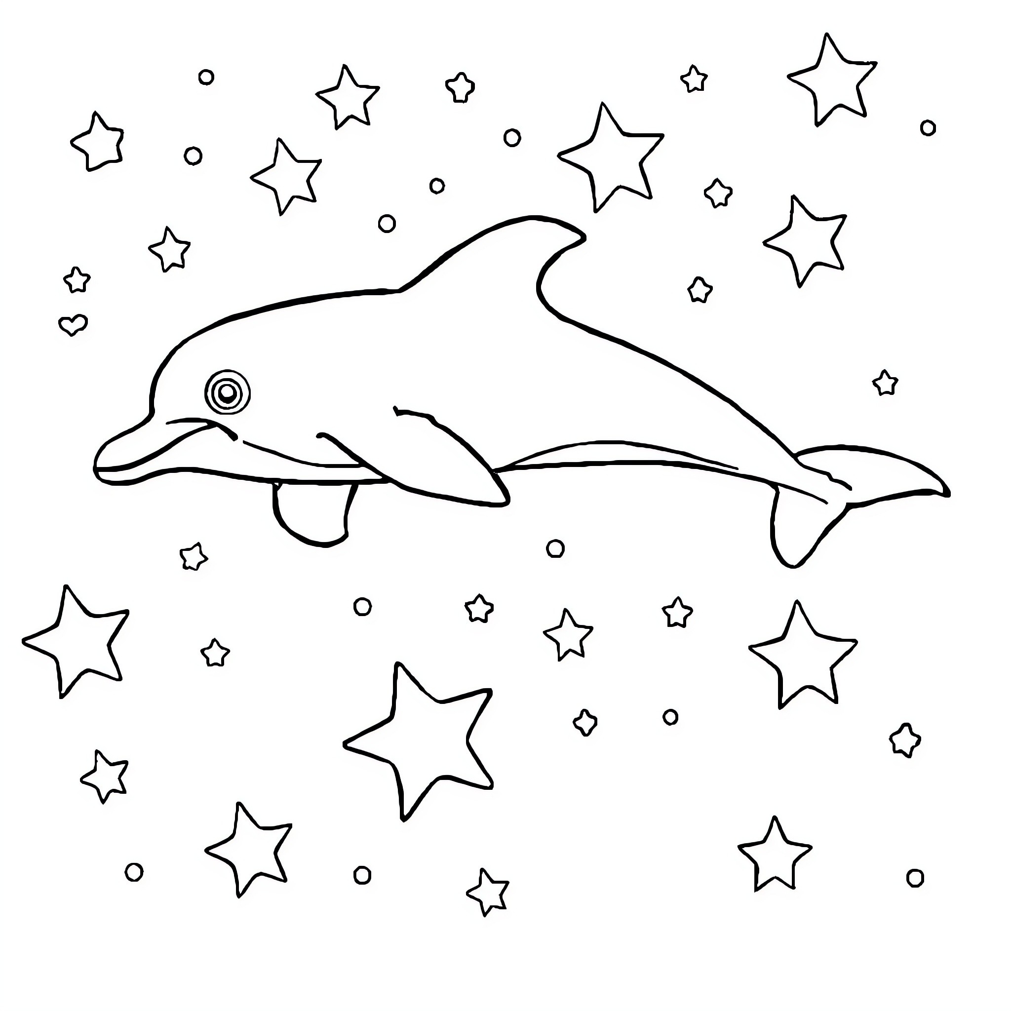 Dolphin swimming among the stars Coloring Page (free black-and-white line drawing printable PDF for all, from beginners to advanced learners, including children, teens, adults, and seniors)