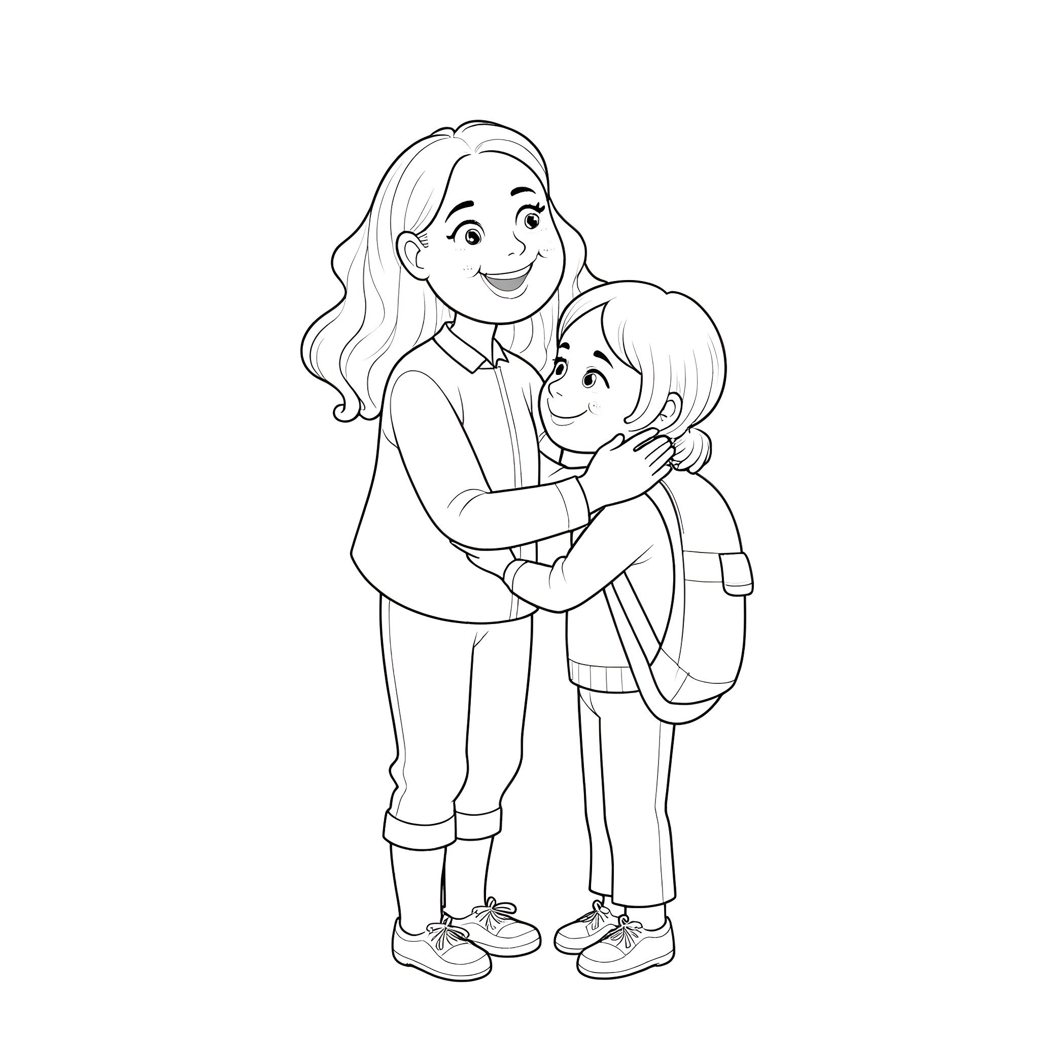 Teacher Embracing Student in Friendly Manner Coloring Page (free black-and-white line drawing printable PDF for all, from beginners to advanced learners, including children, teens, adults, and seniors)