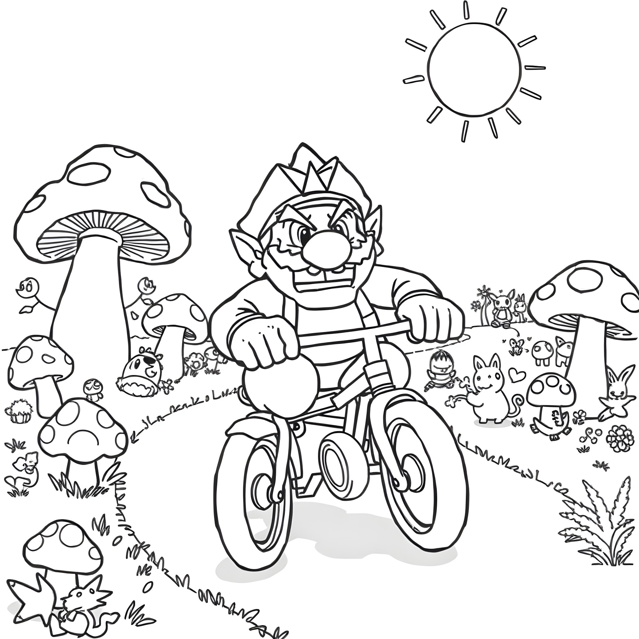 Wario riding a bicycle in a fantasy mushroom kingdom Coloring Page (free black-and-white line drawing printable PDF for all, from beginners to advanced learners, including children, teens, adults, and seniors)