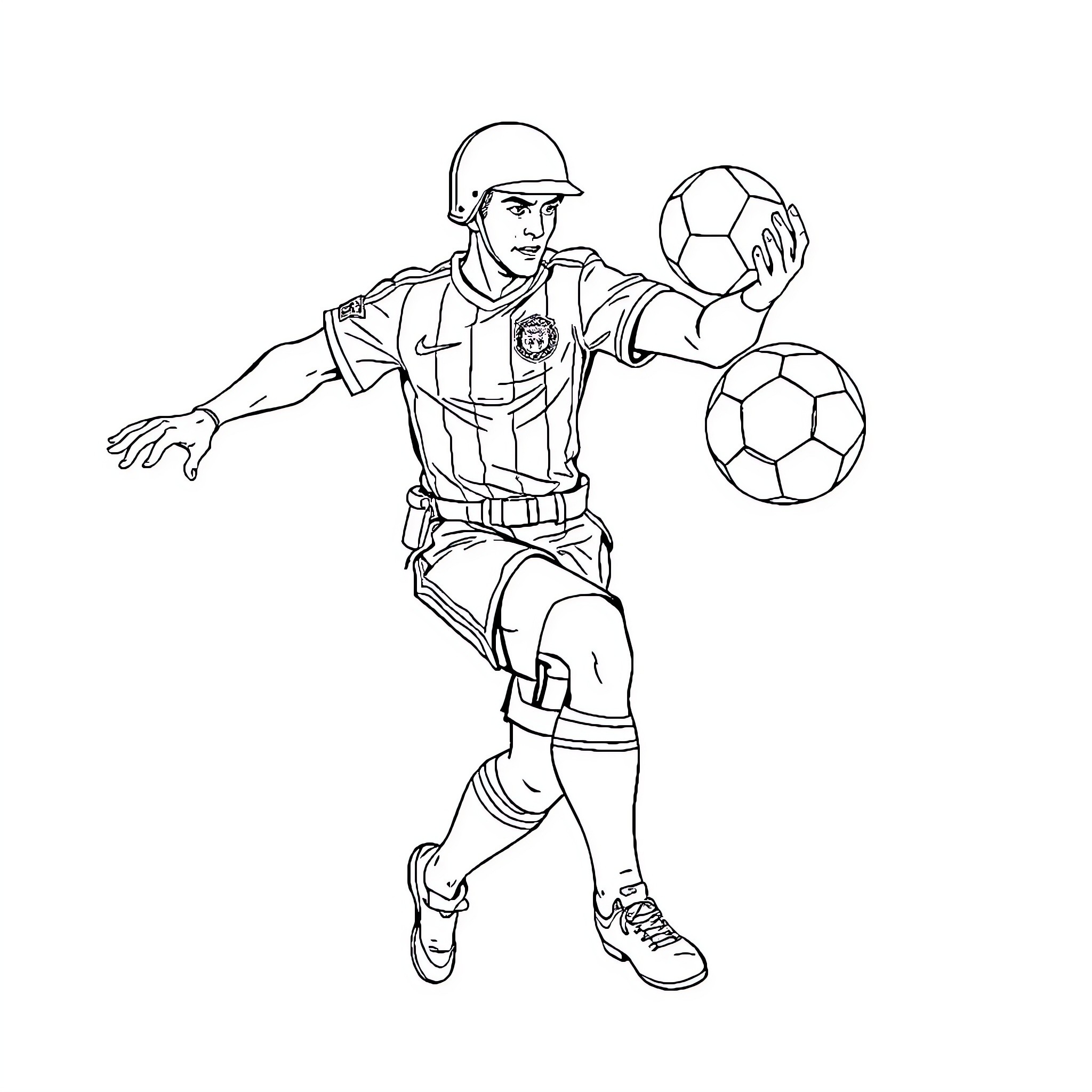 Soldier playing with soccer balls Coloring Page (free black-and-white line drawing printable PDF for all, from beginners to advanced learners, including children, teens, adults, and seniors)
