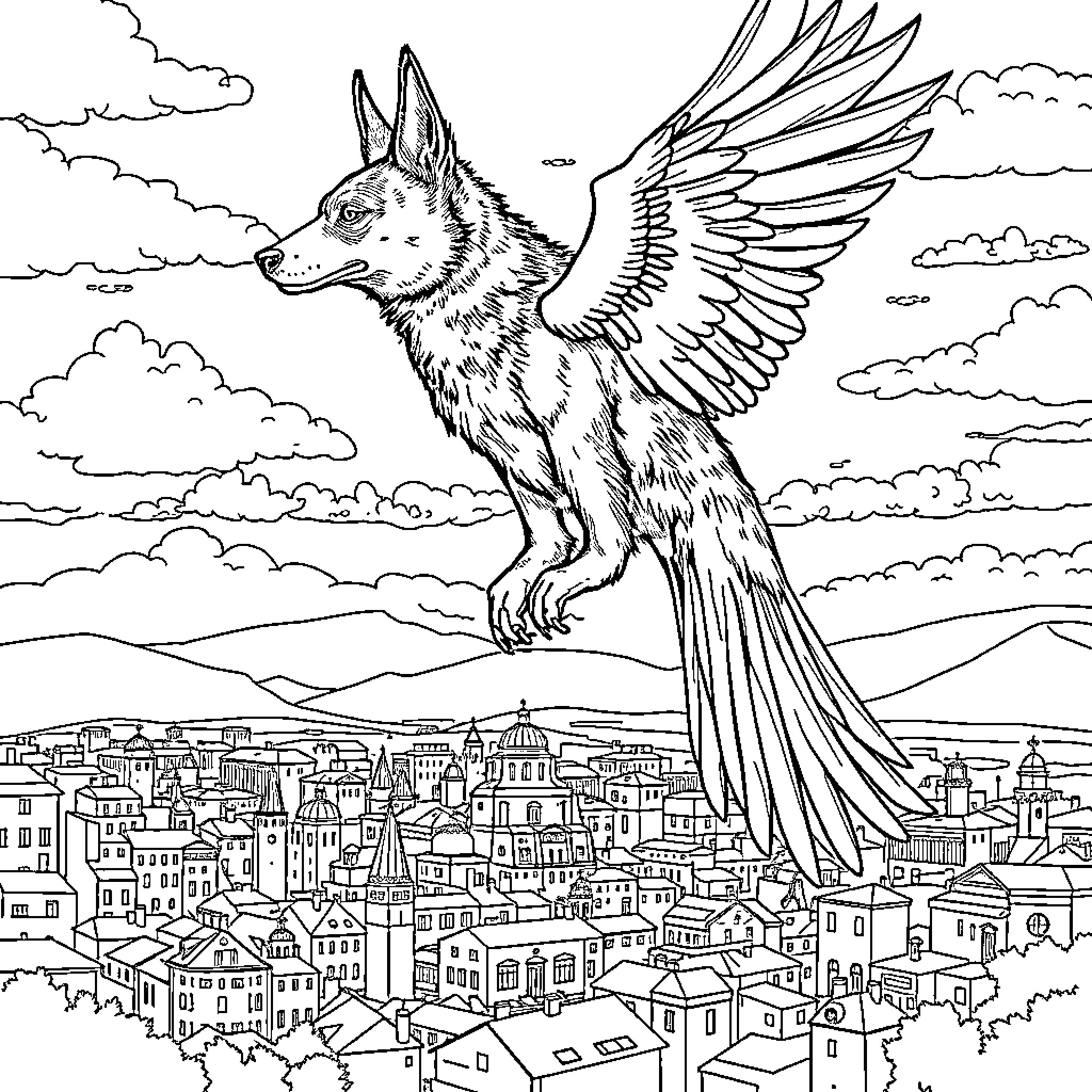 Flying Dog Soaring Over a Whimsical City Skyline Coloring Page (free black-and-white line drawing printable PDF for all, from beginners to advanced learners, including children, teens, adults, and seniors)