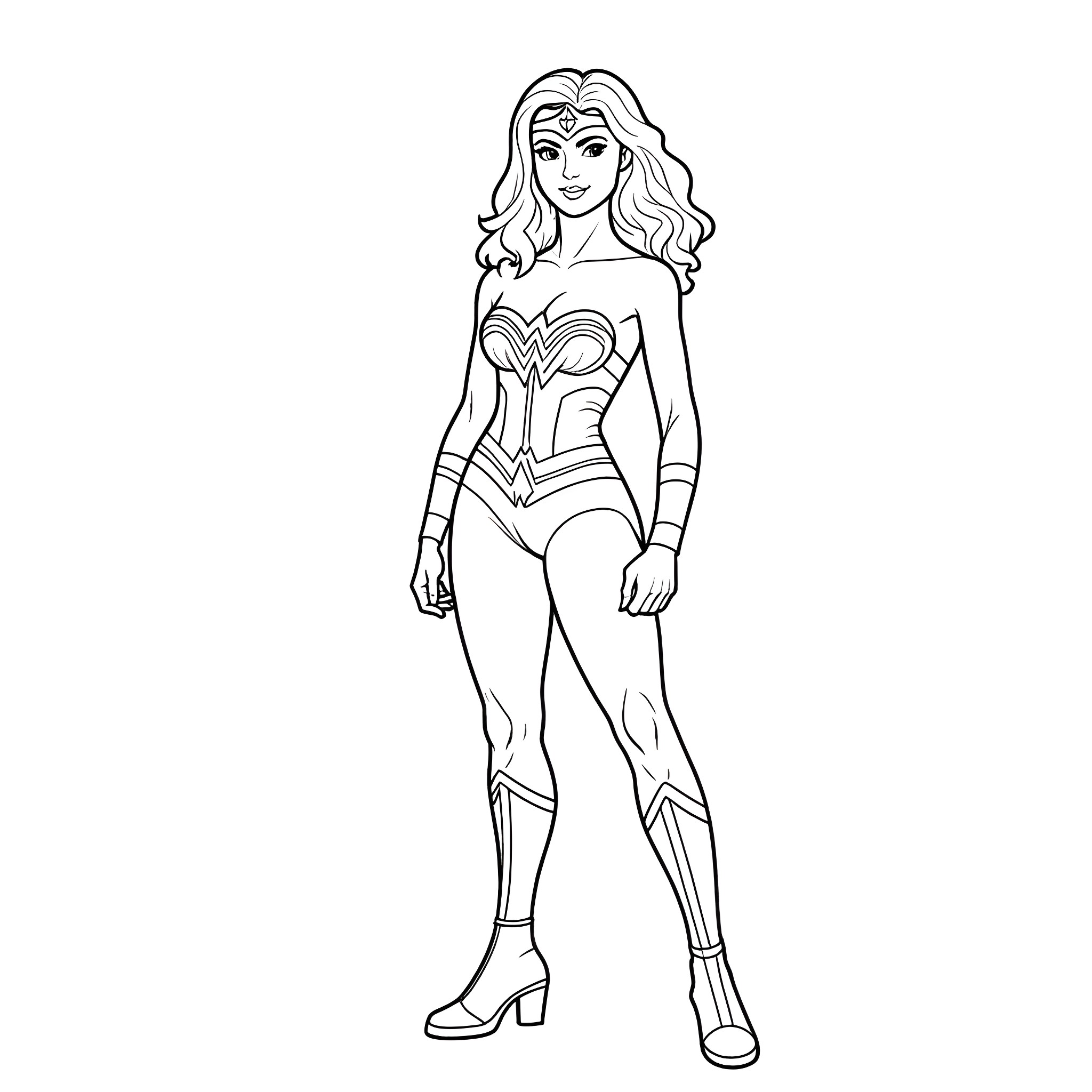 Wonder Woman in heroic pose with iconic outfit Coloring Page (free black-and-white line drawing printable PDF for all, from beginners to advanced learners, including children, teens, adults, and seniors)