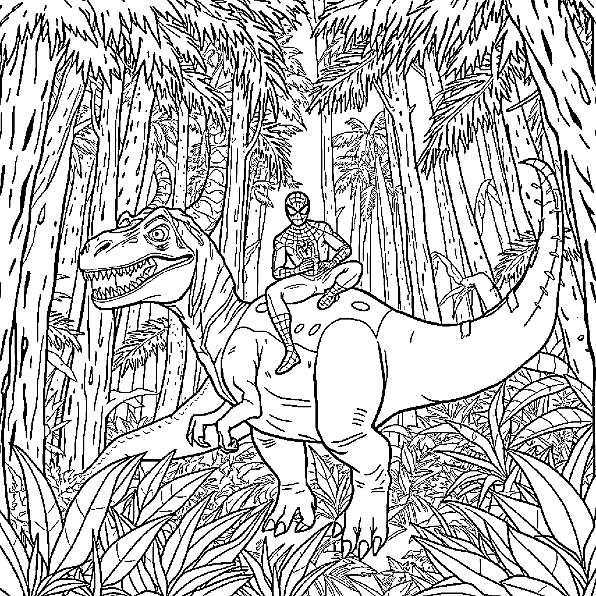 Spiderman adventuring with dinosaurs in the jungle Coloring Page (free black-and-white line drawing printable PDF for all, from beginners to advanced learners, including children, teens, adults, and seniors)